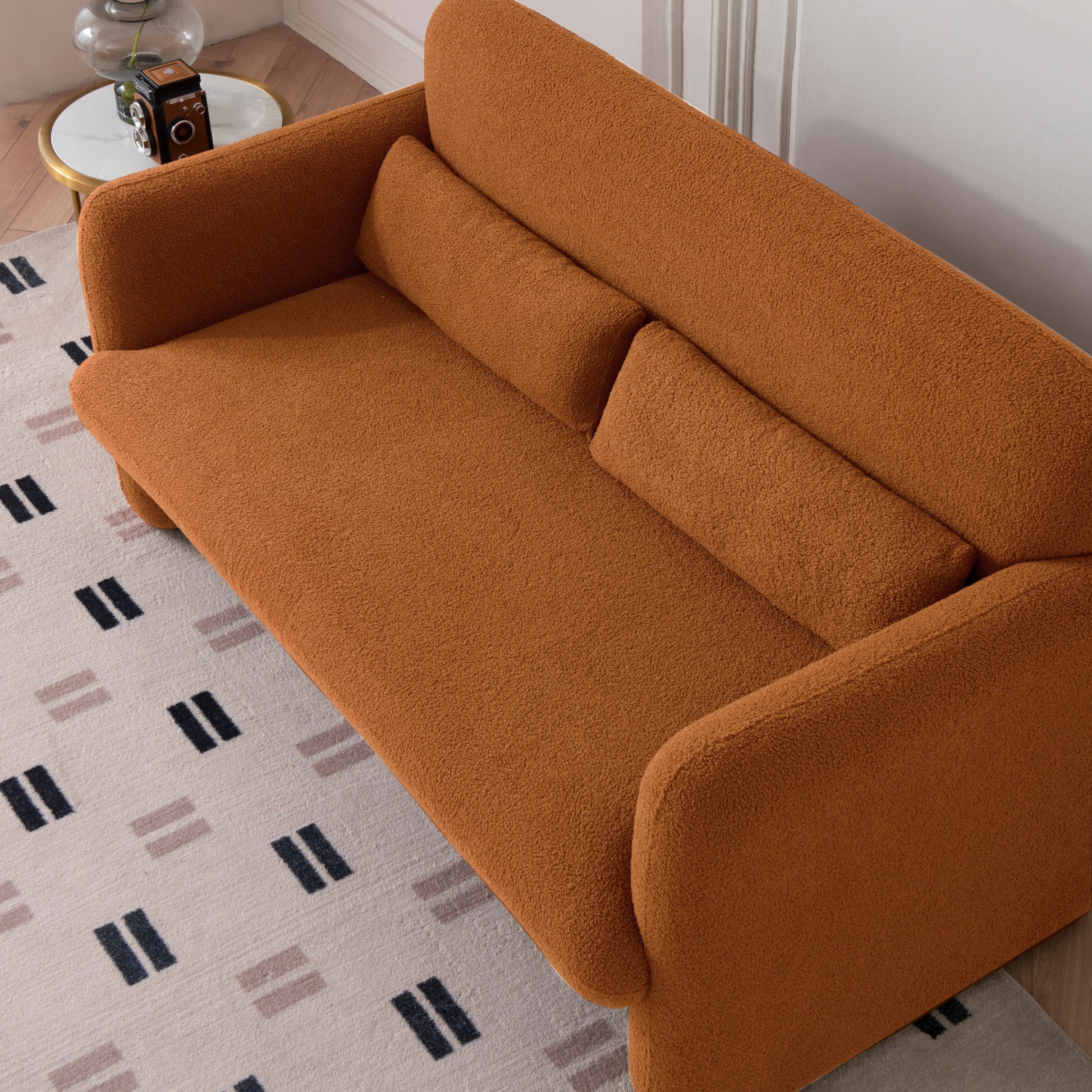 59"Lamb Fleece Fabric Sofa, Modern Loveseat Furniture With Support Pillow For Apartment, Office, Living Room & Bedroom, Tool Free Assembly. Dark Orange Orange Dark Orange Foam Sherpa