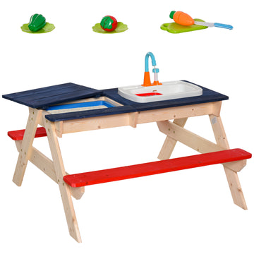 Kids Sand & Water Table, Picnic Table And Bench Set With Sandbox, Water Circulation Faucet Multicolor Wood