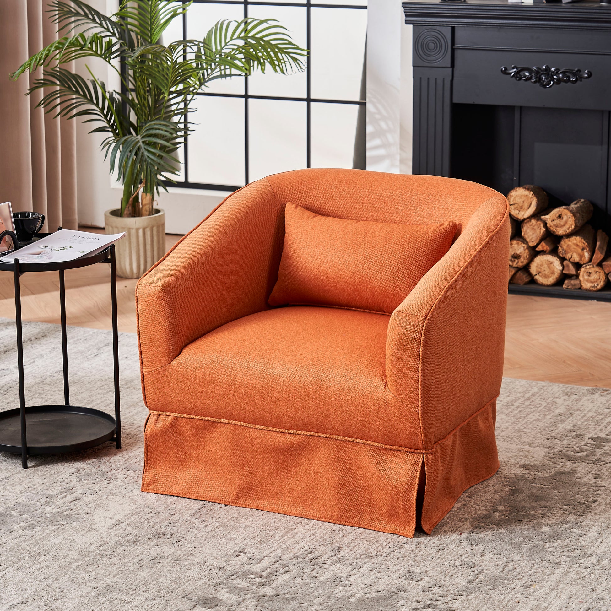 Swivel Barrel Chair With Ottoman, Swivel Accent Chairs Armchair For Living Room, Reading Chairs For Bedroom Comfy, Round Barrel Chairs With Black Metal Base Orange Orange Primary Living Space Modern Linen