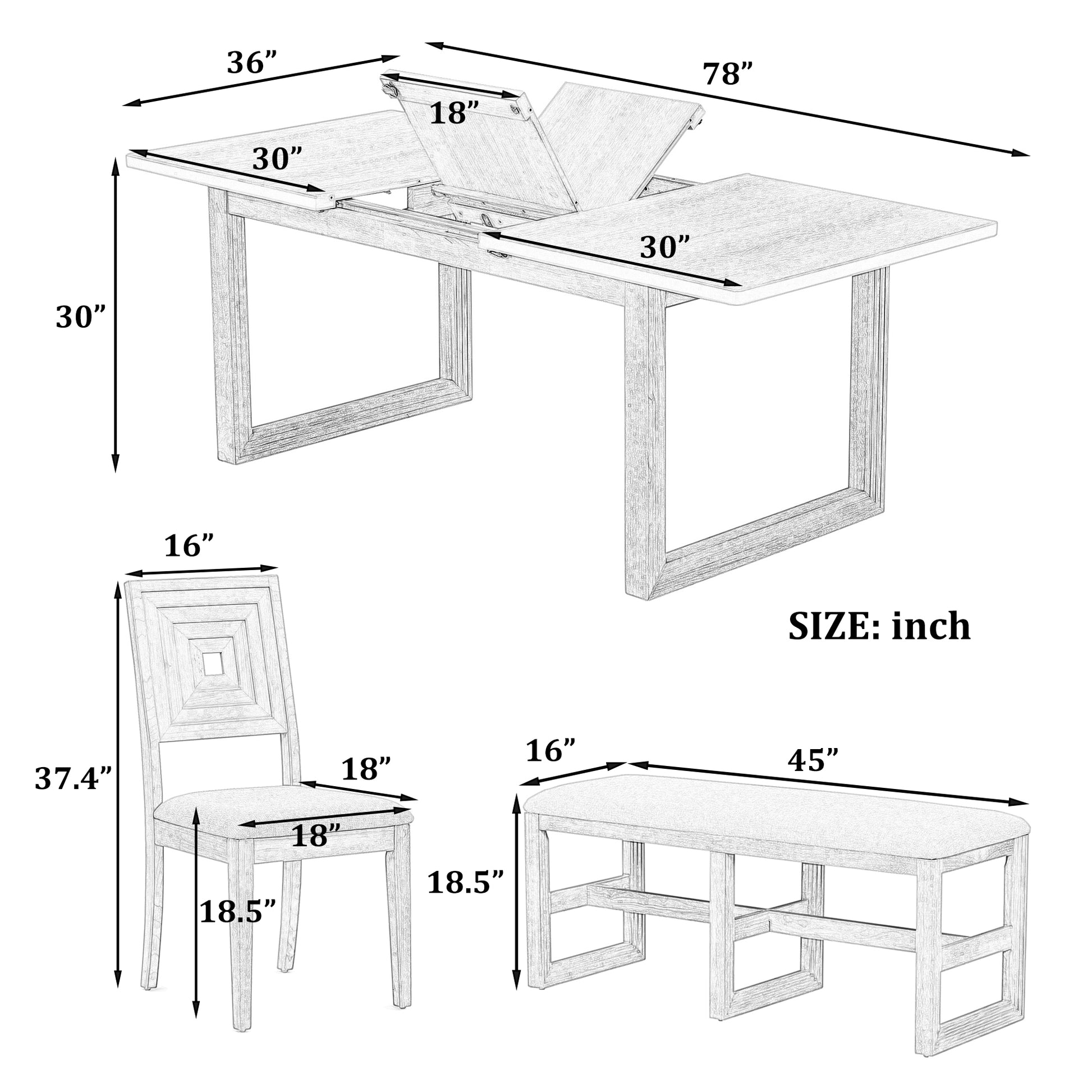 Modern 78Inch 6 Piece Extendable Dining Table Set, 4 Upholstered Dining Chairs And Dining Bench, 18" Butterfly Leaf, White Wood Dining Room Extendable Rubberwood Rectangular Dining Table With Chair And Bench Upholstered Chair Wood White Gray Solid Back