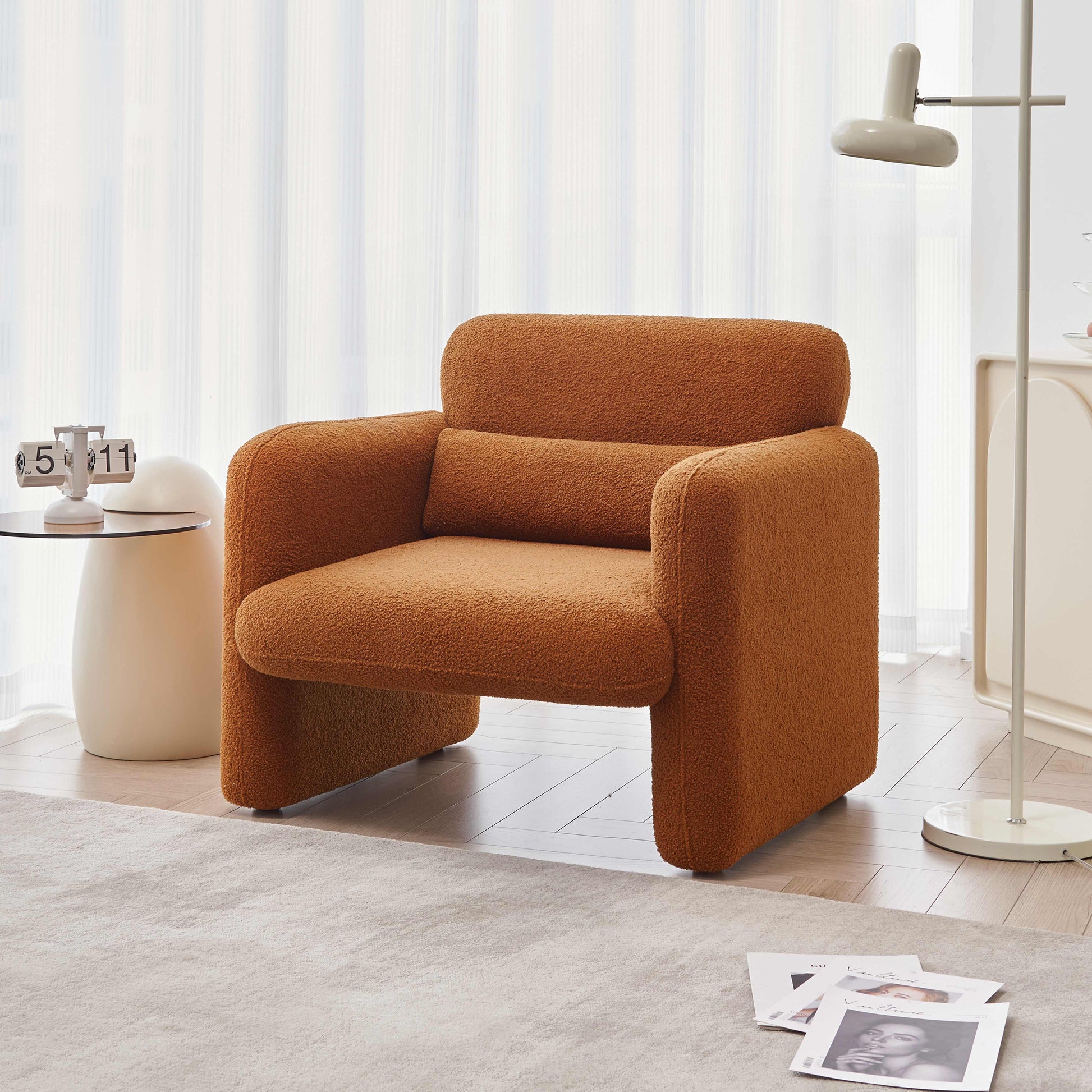 34"Lamb Fleece Fabric Sofa, Modern Single Sofa With Support Pillow For Apartment, Office, Living Room & Bedroom, Tool Free Assembly. Dark Orange Orange Dark Orange Foam Sherpa