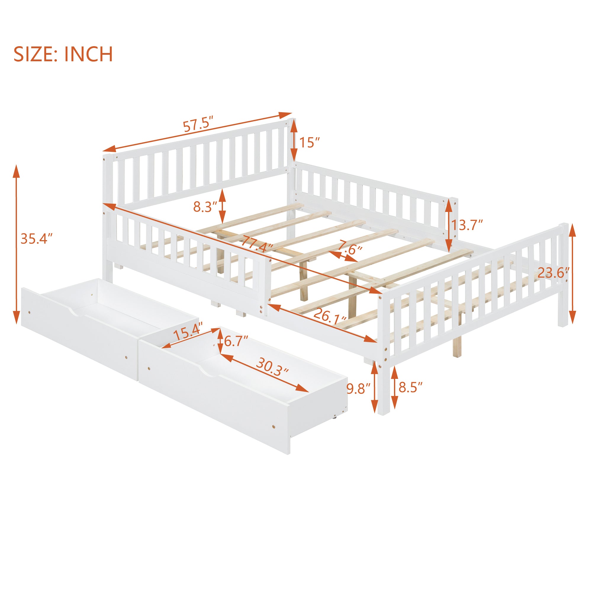 Full Size Wood Platform Bed with Guardrails on Both white-wood