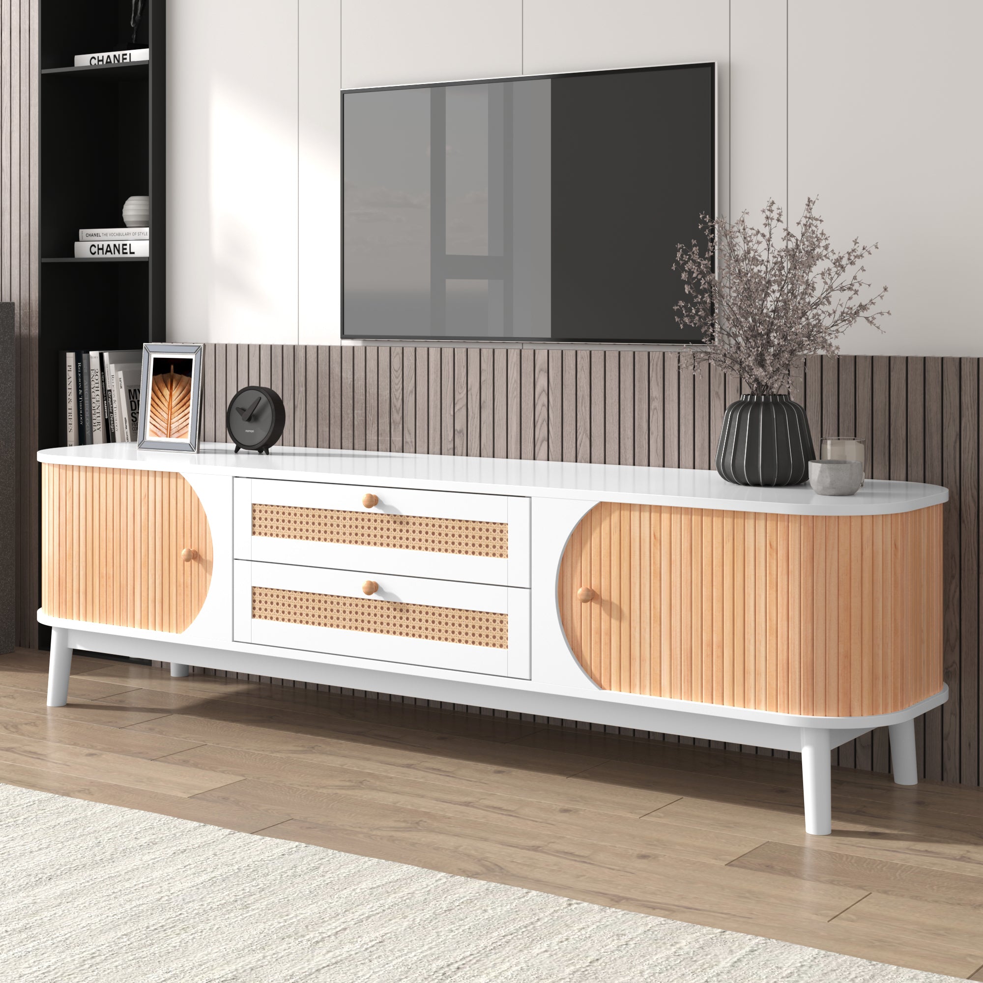 Rattan TV Stand for TVs up to 75'', Modern Farmhouse natural+white-primary living space-60-69