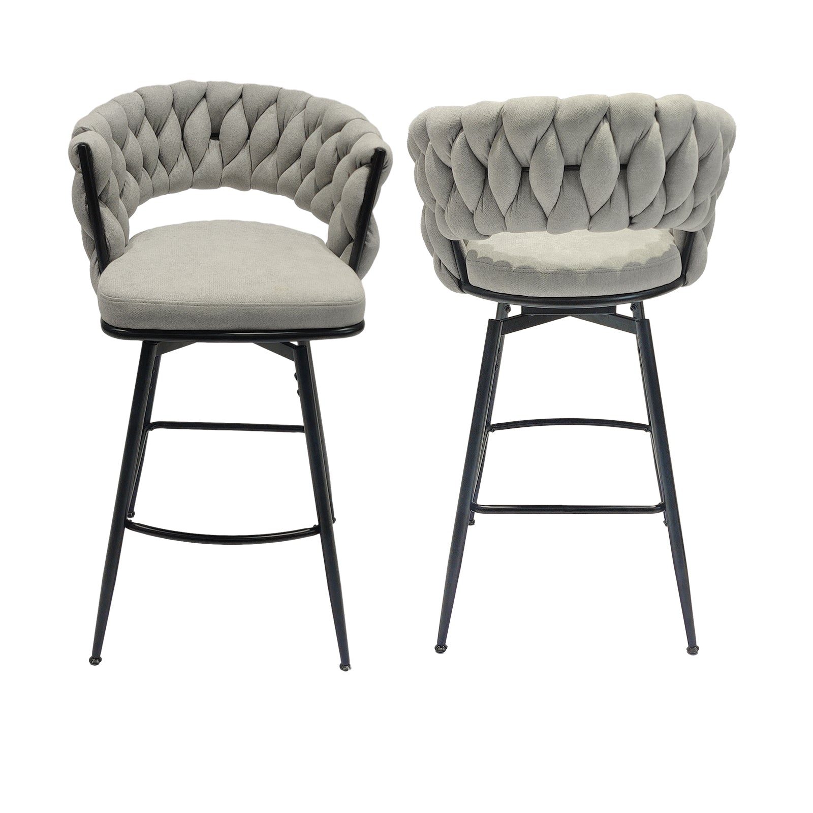 Bar Chair Linen Woven Bar Stool Set Of 2,Black Legs Barstools No Adjustable Kitchen Island Chairs,360 Swivel Bar Stools Upholstered Bar Chair Counter Stool Arm Chairs With Back Footrest, Grey Grey Linen