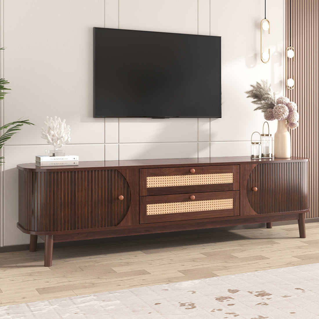 Rattan Tv Stand For Tvs Up To 75'', Modern Farmhouse Media Console, Entertainment Center With Solid Wood Legs, Tv Cabinet For Living Room,Home Theatre Natural Wood Brown Primary Living Space 60 69 Inches Solid Wood Mdf