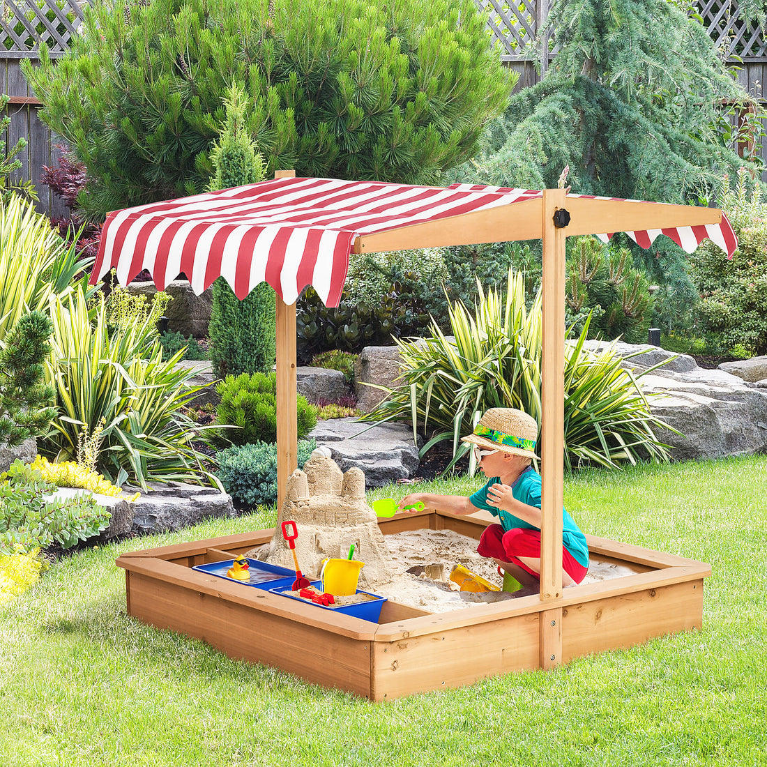 Kids Wooden Sandbox, Children Sand Play Station Outdoor, With Adjustable Height Cover, Bottom Liner, Seat, Plastic Basins, Boys And Girls, For Backyard, Beach, Lawn Yellow Wood