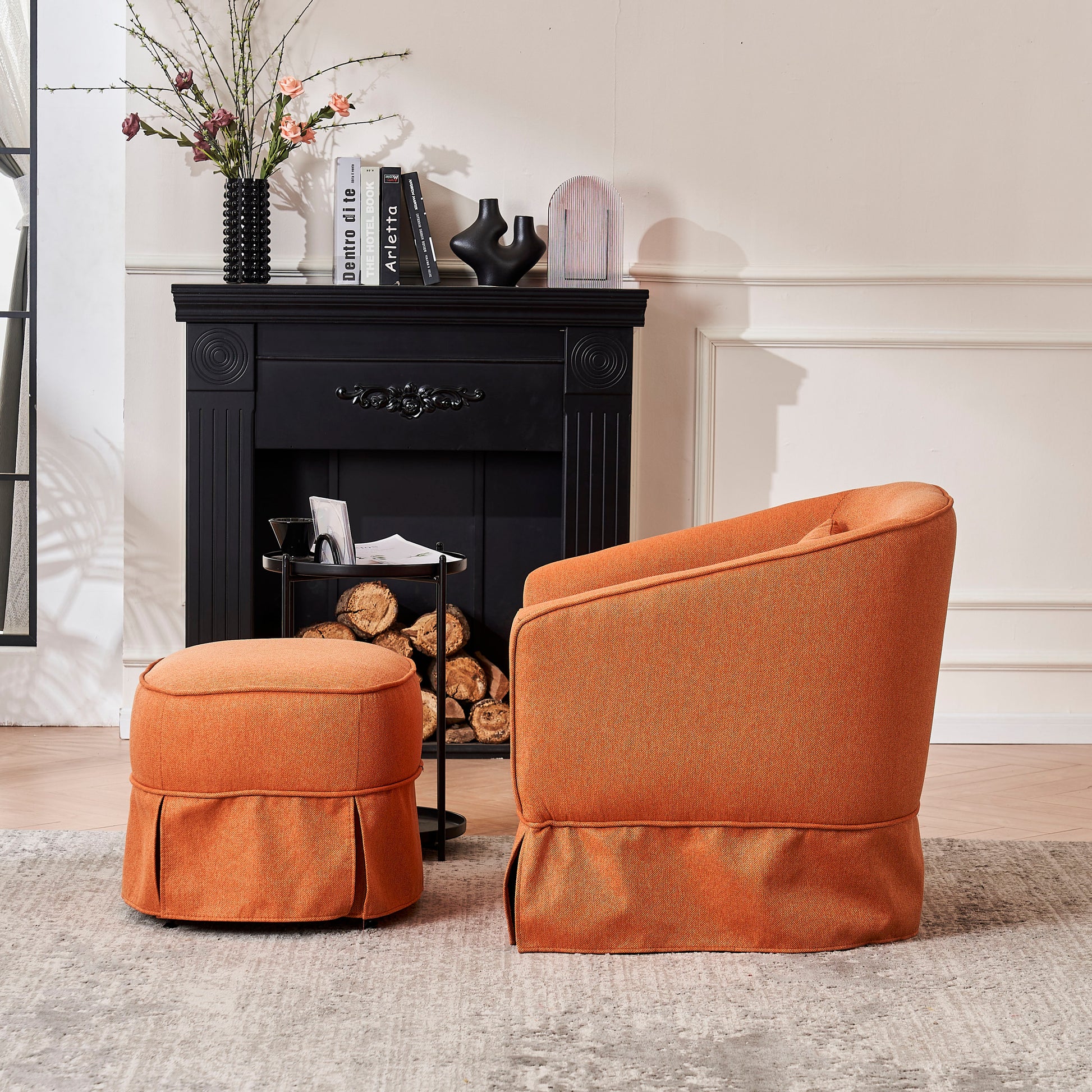 Swivel Barrel Chair With Ottoman, Swivel Accent Chairs Armchair For Living Room, Reading Chairs For Bedroom Comfy, Round Barrel Chairs With Black Metal Base Orange Orange Primary Living Space Modern Linen