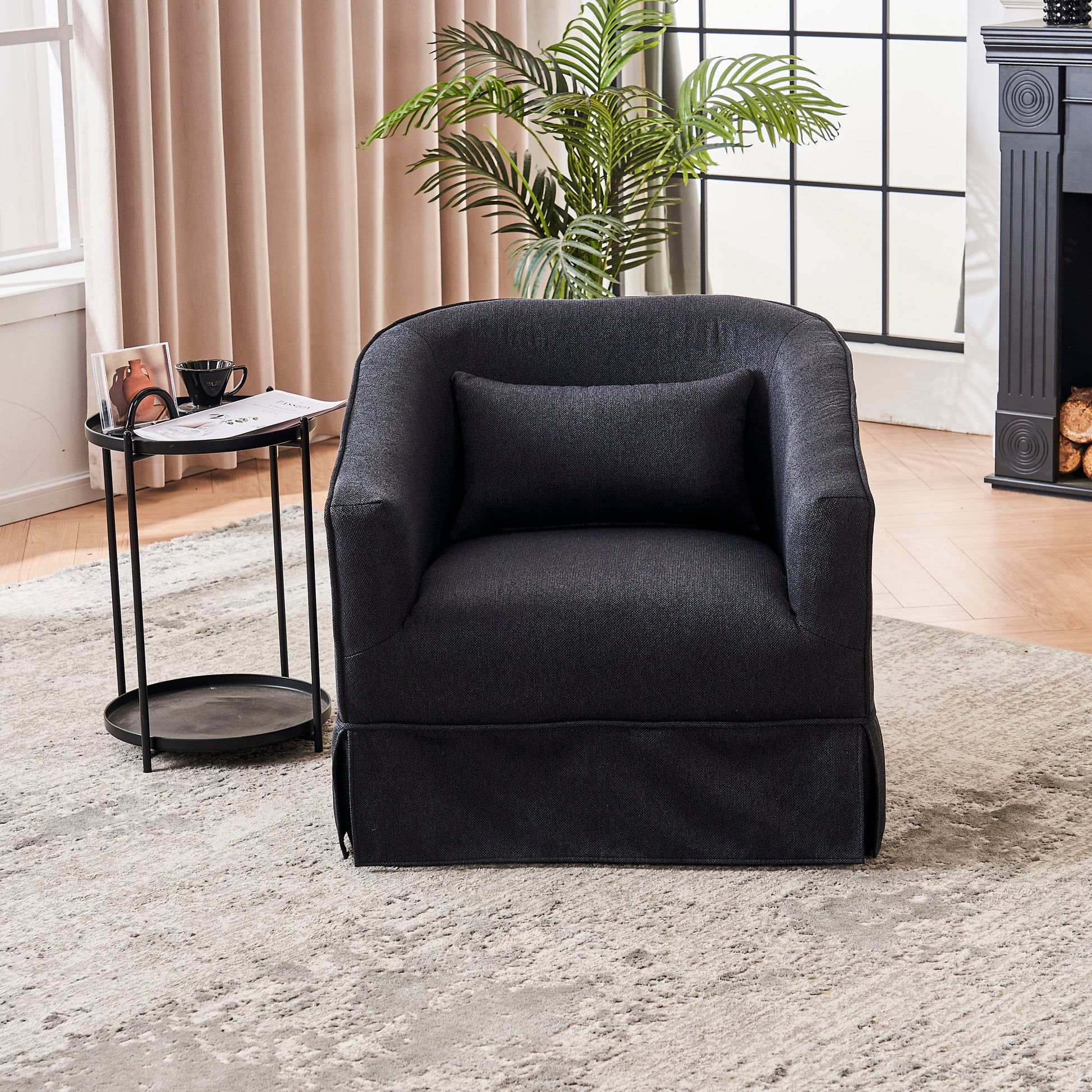 Swivel Barrel Chair With Ottoman, Swivel Accent Chairs Armchair For Living Room, Reading Chairs For Bedroom Comfy, Round Barrel Chairs With Black Metal Base Black Black Primary Living Space Modern Linen