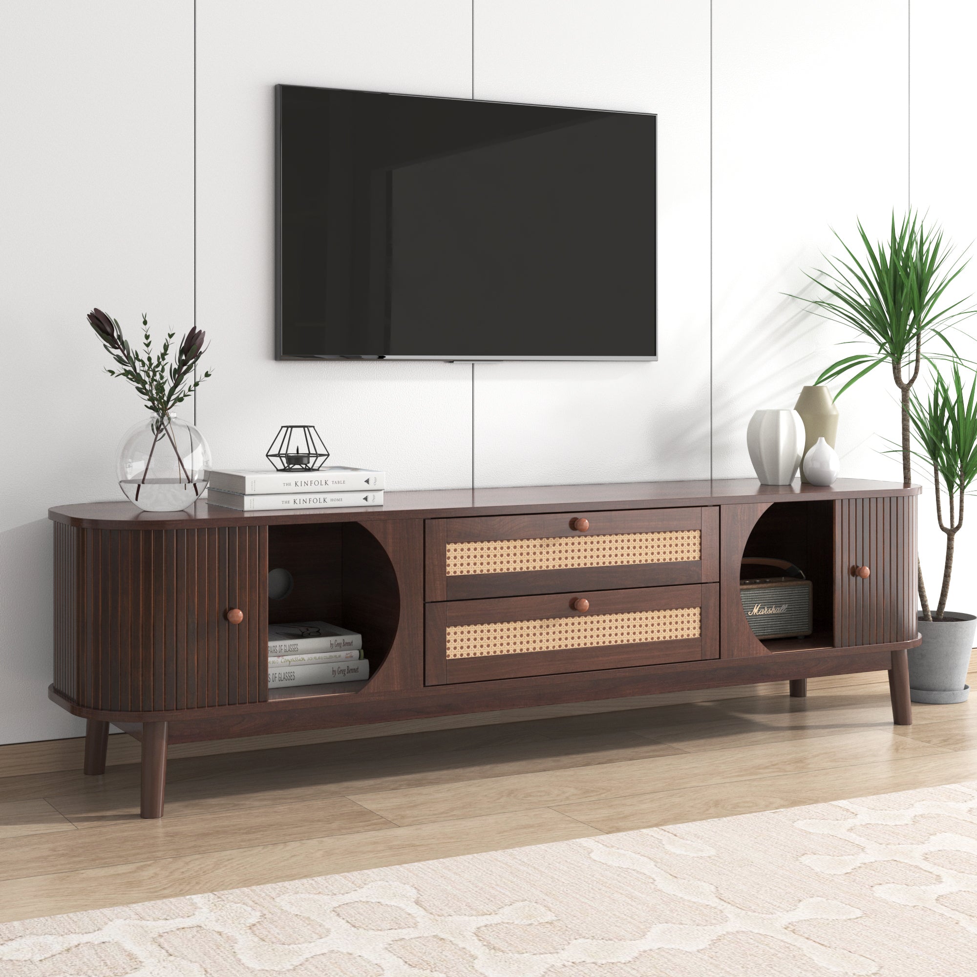 Rattan TV Stand for TVs up to 75'', Modern Farmhouse natural wood+brown-primary living space-60-69