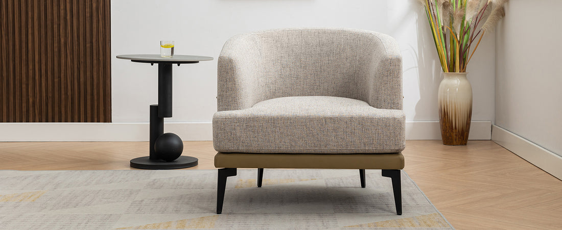 Modern Two Tone Barrel Fabric Chair, Upholstered Round Armchair For Living Room Bedroom Reading Room, Mustard Green Mustard Linen