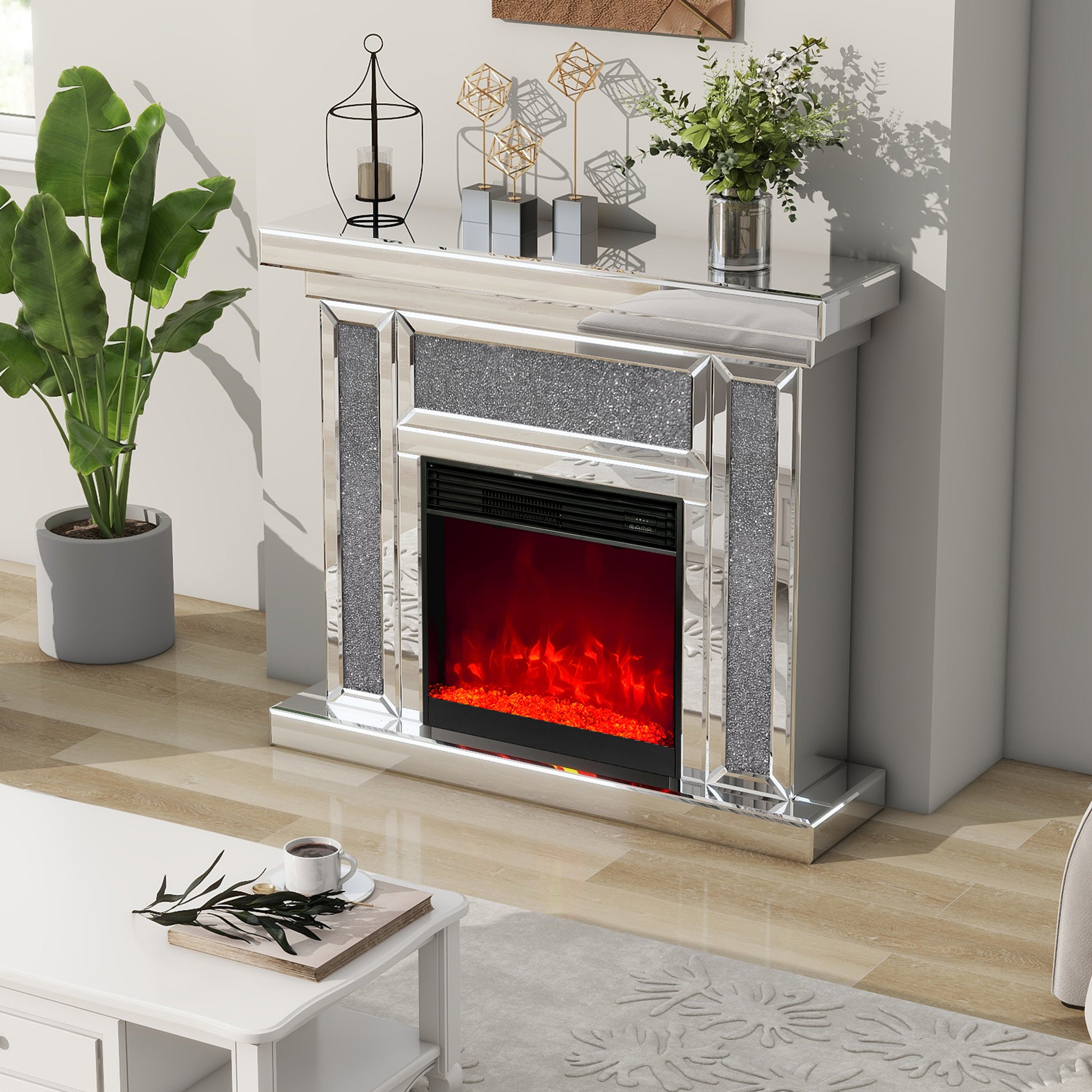 Mirrored Electric Fireplace 7 Colors Adjustable 3D Flame With Mantel, Remote Control, Silver Silver Mdf Glass
