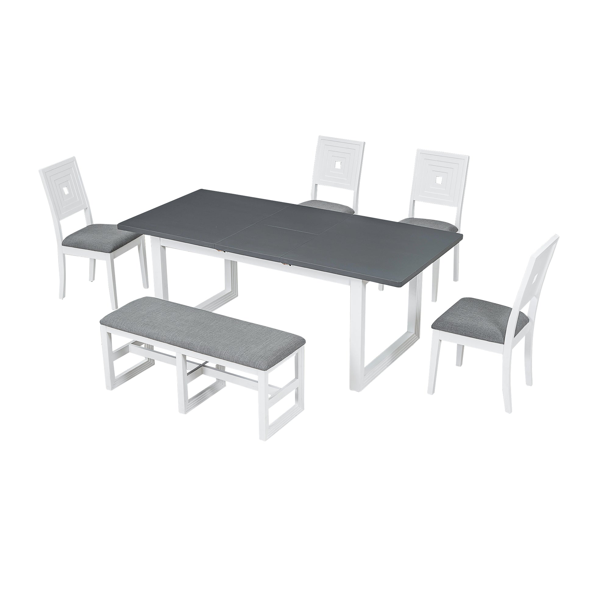 Modern 78Inch 6 Piece Extendable Dining Table Set, 4 Upholstered Dining Chairs And Dining Bench, 18" Butterfly Leaf, White Wood Dining Room Extendable Rubberwood Rectangular Dining Table With Chair And Bench Upholstered Chair Wood White Gray Solid Back