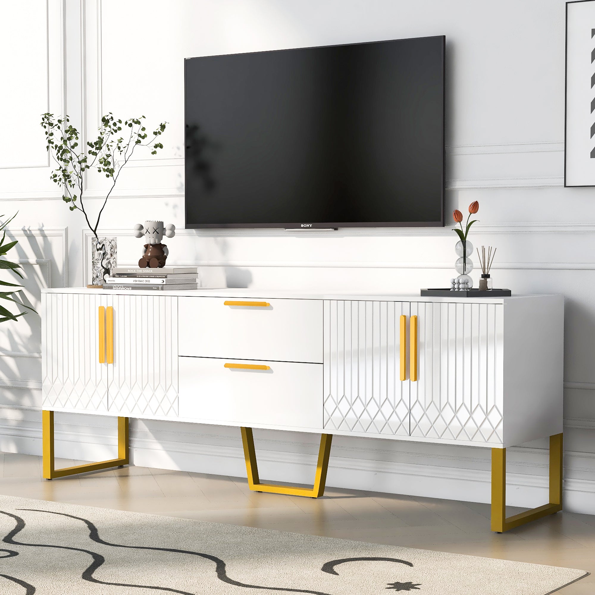 U Can Modern TV Stand for TVs up to 75 Inches, Storage white-mdf