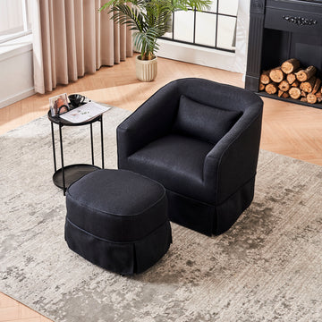Swivel Barrel Chair With Ottoman, Swivel Accent Chairs Armchair For Living Room, Reading Chairs For Bedroom Comfy, Round Barrel Chairs With Black Metal Base Black Black Primary Living Space Modern Linen
