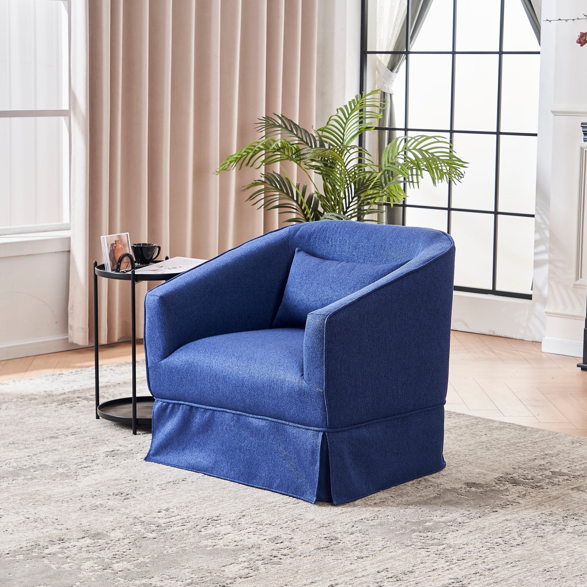 Swivel Barrel Chair With Ottoman, Swivel Accent Chairs Armchair For Living Room, Reading Chairs For Bedroom Comfy, Round Barrel Chairs With Black Metal Base Blue Blue Primary Living Space Modern Linen