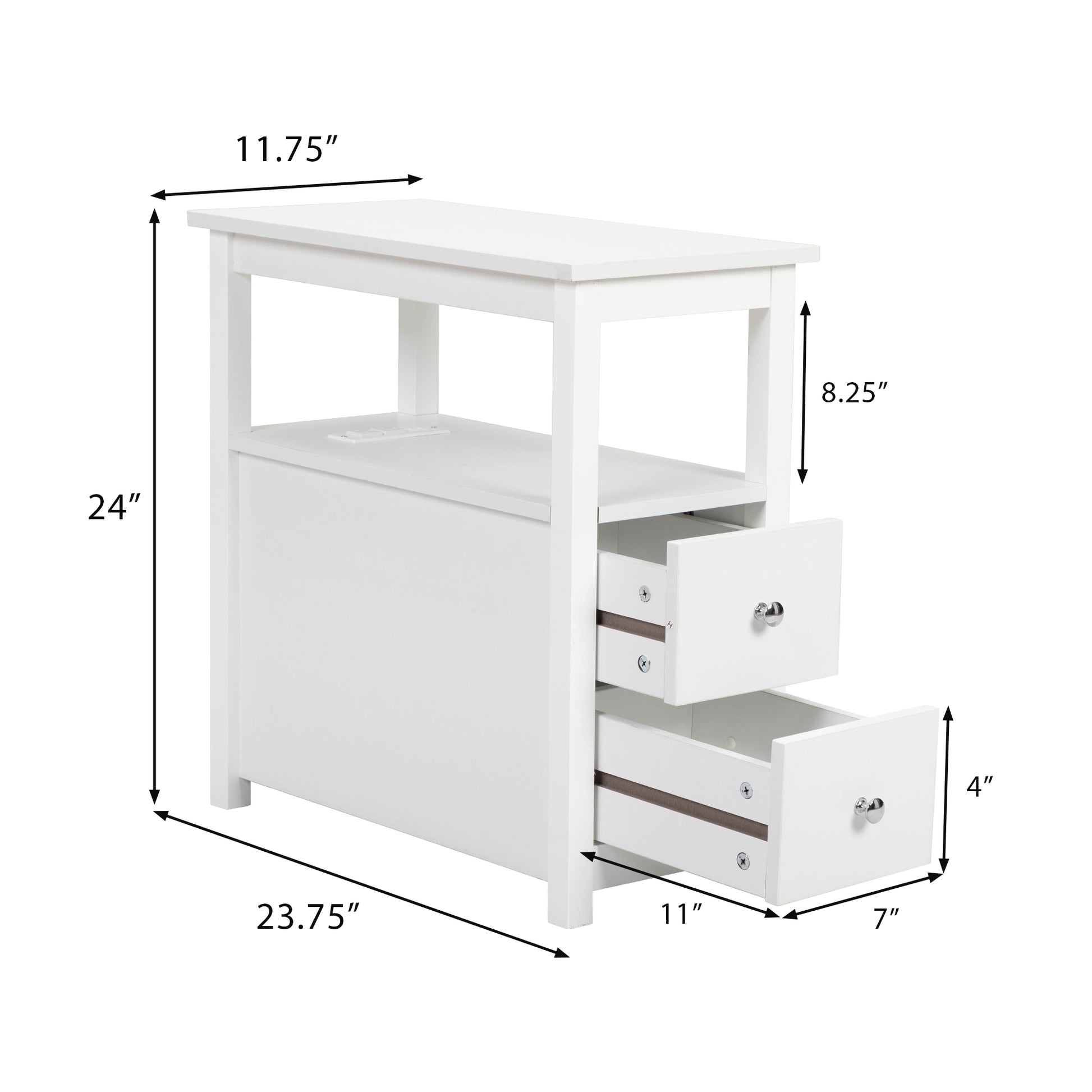 End Table With Charging Station, Narrow Sofa Side Table, Wooden Nightstand, Bedroom Living Room Furniture, White White Mdf