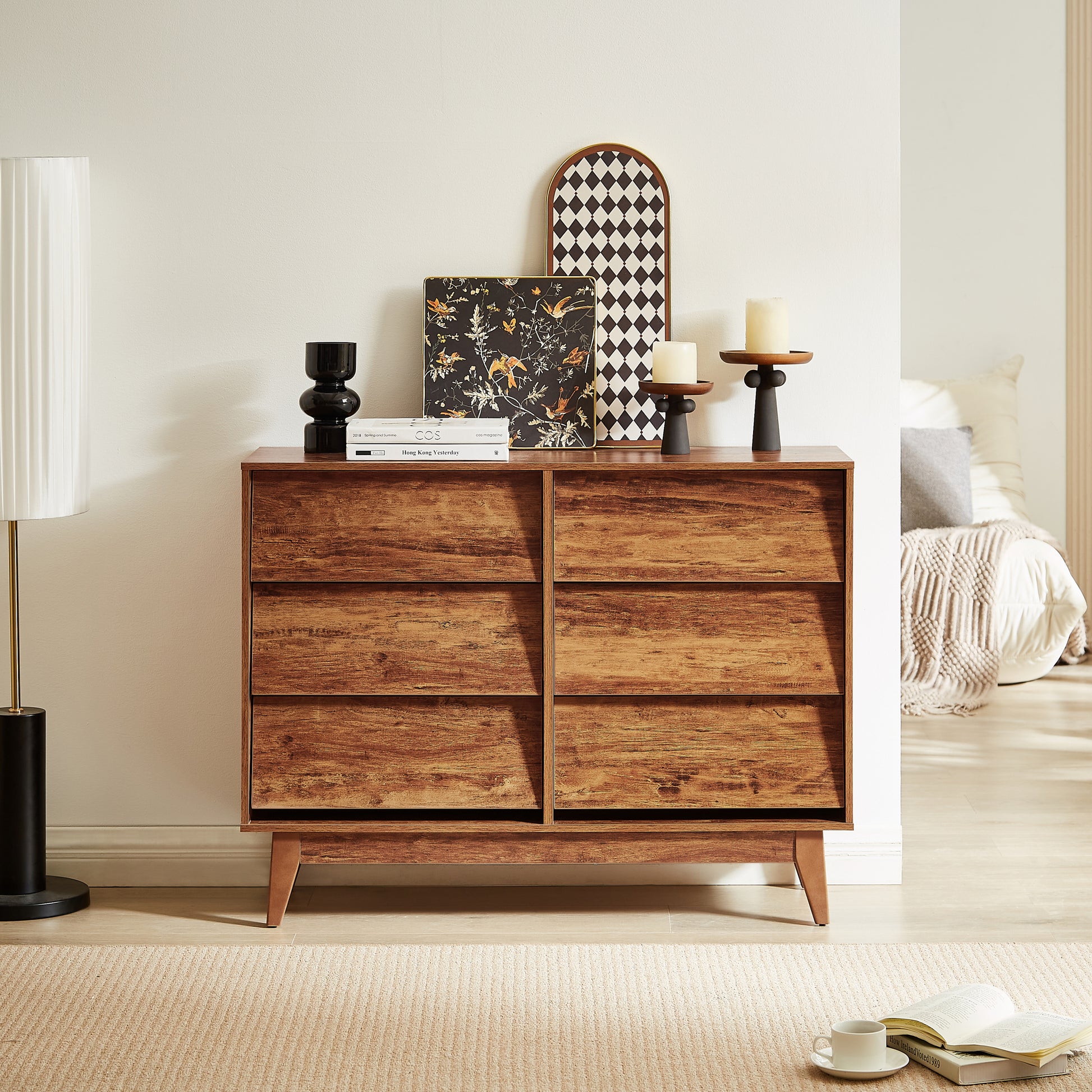 6 Drawer Double Dresser Features Vintage Style And Bevel Design Brown 6 Drawer Double Dresser Features Vintage Style And Bevel Design Brown