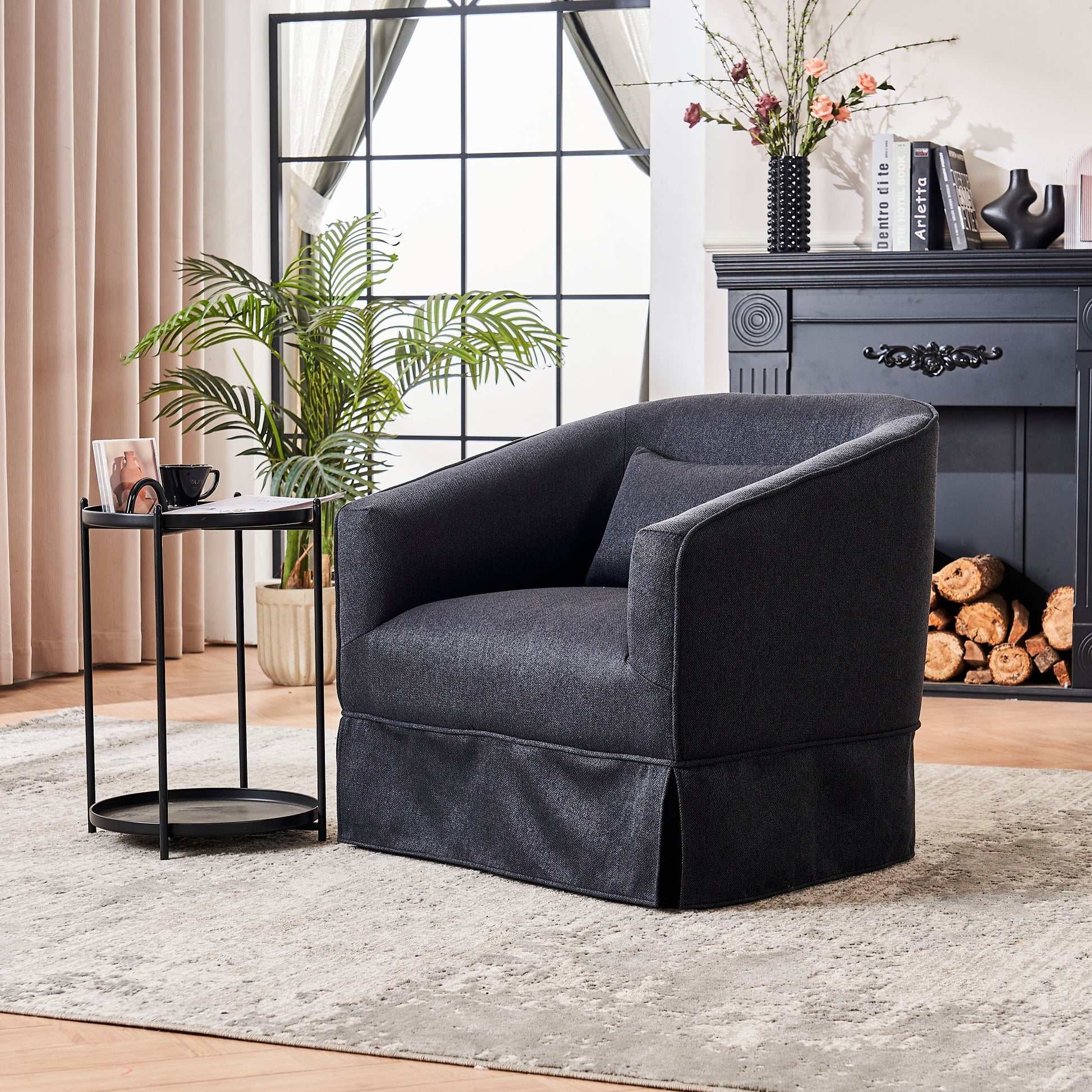 Swivel Barrel Chair With Ottoman, Swivel Accent Chairs Armchair For Living Room, Reading Chairs For Bedroom Comfy, Round Barrel Chairs With Black Metal Base Black Black Primary Living Space Modern Linen