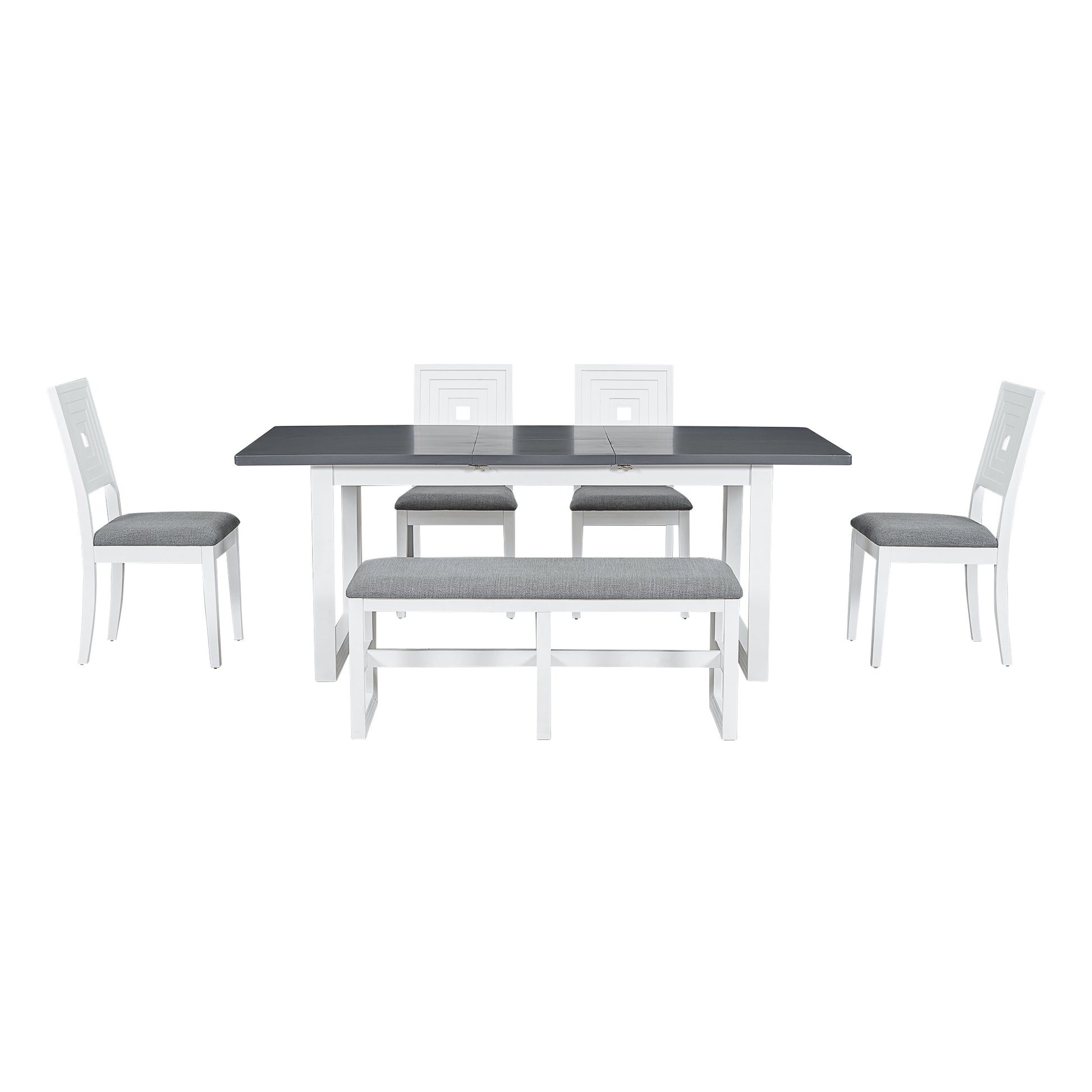 Modern 78Inch 6 Piece Extendable Dining Table Set, 4 Upholstered Dining Chairs And Dining Bench, 18" Butterfly Leaf, White Wood Dining Room Extendable Rubberwood Rectangular Dining Table With Chair And Bench Upholstered Chair Wood White Gray Solid Back