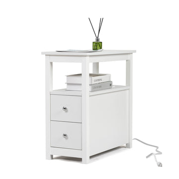 End Table With Charging Station, Narrow Sofa Side Table, Wooden Nightstand, Bedroom Living Room Furniture, White White Mdf