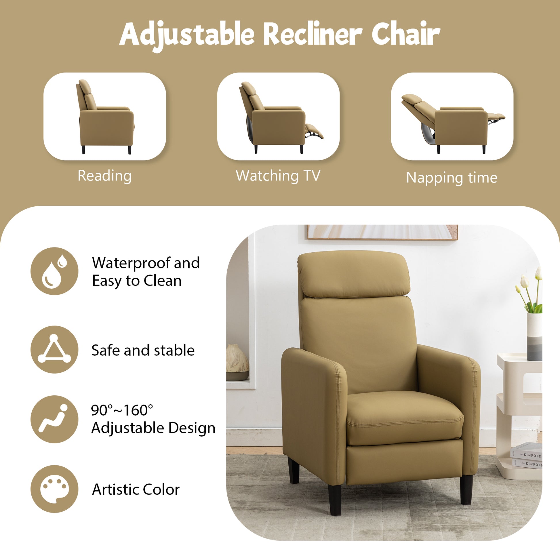 Modern Artistic Color Design Adjustable Recliner Chair Pu Leather For Living Room Bedroom Home Theater, Mustard Green Mustard Pu Leather