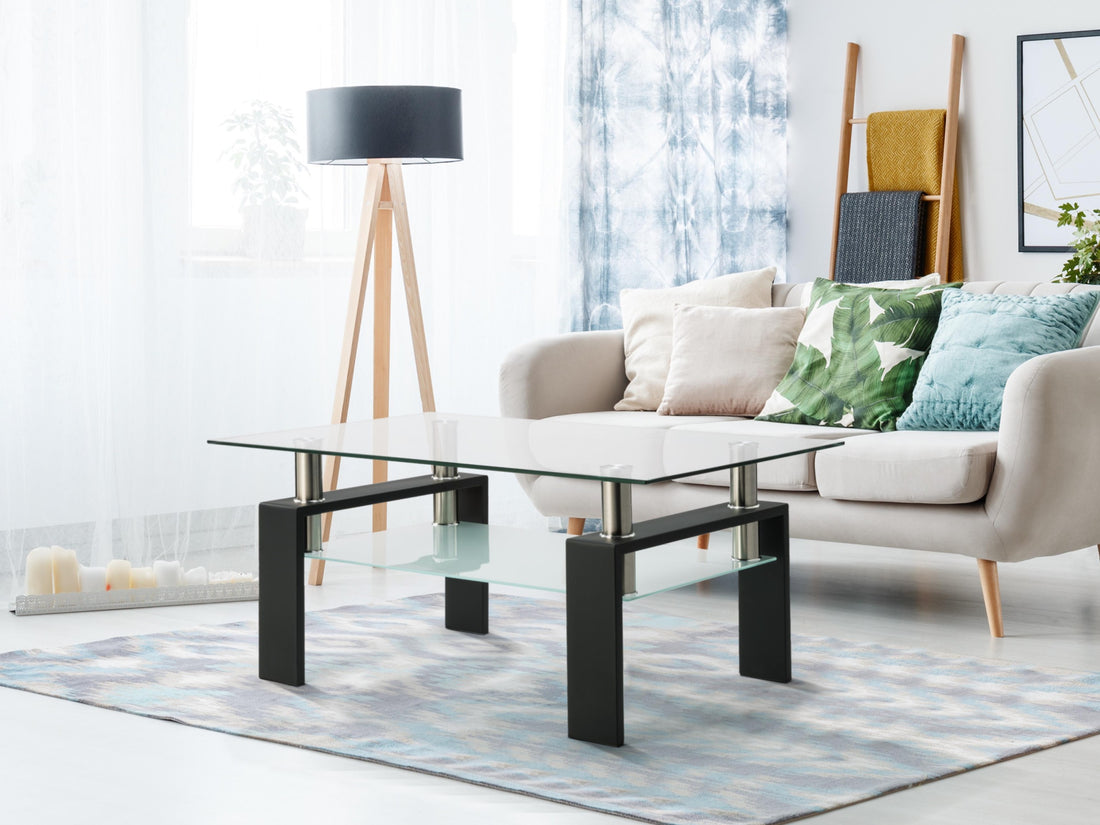 Rectangle Black Glass Coffee Table, Clear Coffee Table, Modern Side Center Tables For Living Room, Living Room Furniture Black Glass