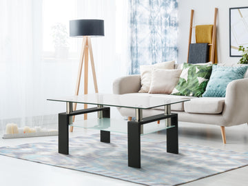 Rectangle Black Glass Coffee Table, Clear Coffee Table, Modern Side Center Tables For Living Room, Living Room Furniture Black Glass