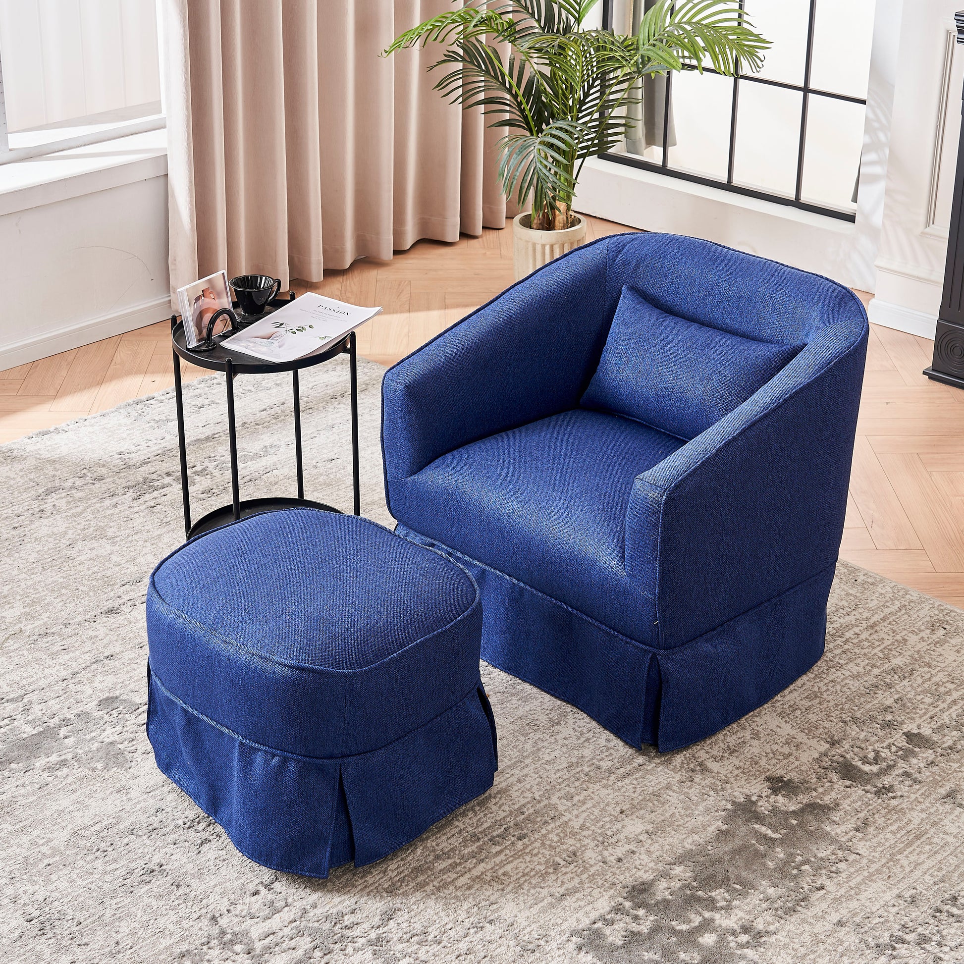Swivel Barrel Chair With Ottoman, Swivel Accent Chairs Armchair For Living Room, Reading Chairs For Bedroom Comfy, Round Barrel Chairs With Black Metal Base Blue Blue Primary Living Space Modern Linen
