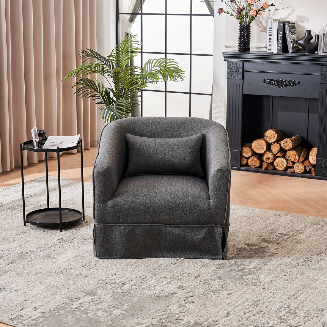Swivel Barrel Chair With Ottoman, Swivel Accent Chairs Armchair For Living Room, Reading Chairs For Bedroom Comfy, Round Barrel Chairs With Black Metal Base Dark Grey Dark Gray Primary Living Space Modern Linen