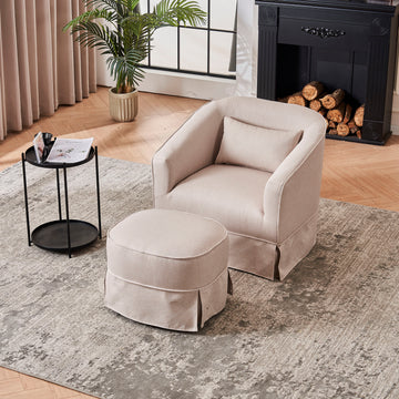 Swivel Barrel Chair With Ottoman, Swivel Accent Chairs Armchair For Living Room, Reading Chairs For Bedroom Comfy, Round Barrel Chairs With Black Metal Base Beige Beige Primary Living Space Modern Linen