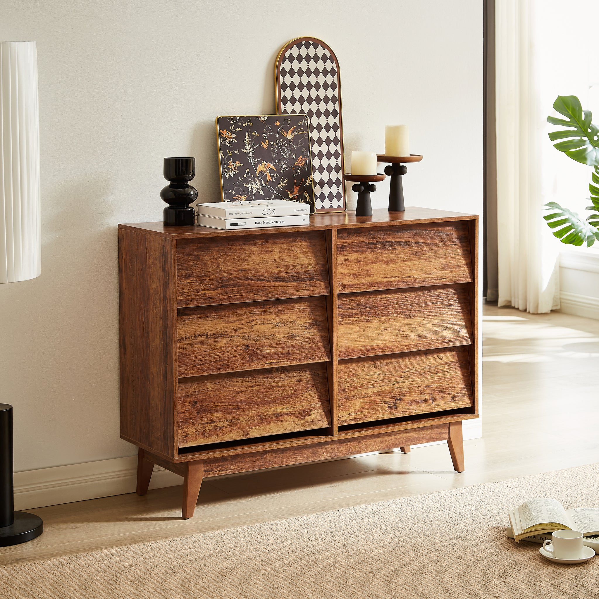 6 Drawer Double Dresser Features Vintage Style And Bevel Design Brown Mdf