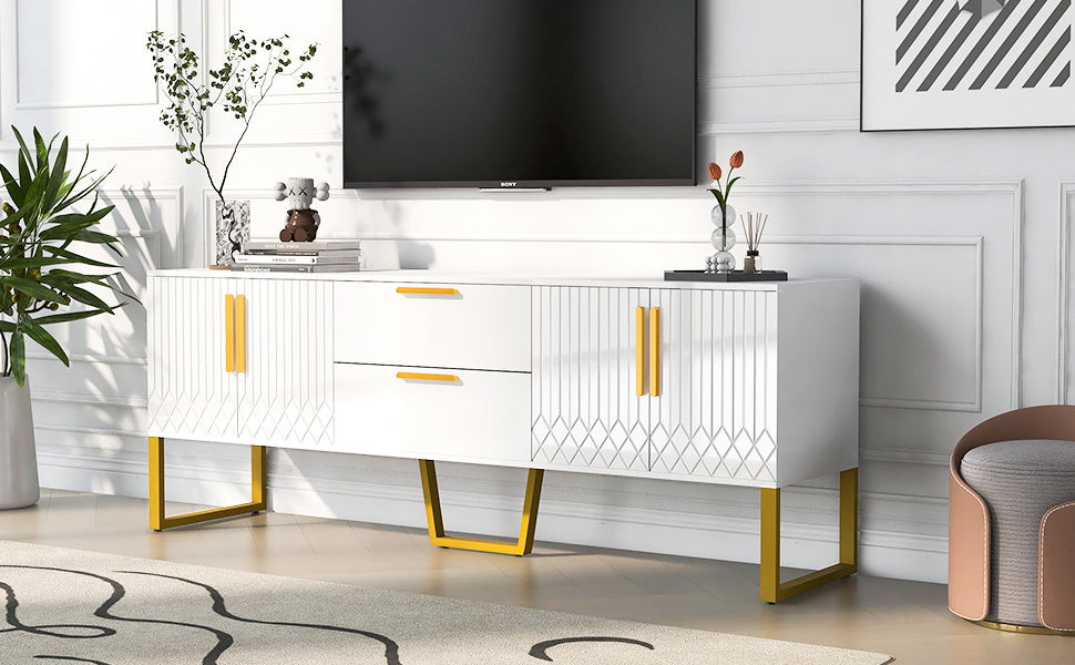 Modern Tv Stand For Tvs Up To 75 Inches, Storage Cabinet With Drawers And Cabinets, Wood Tv Console Table With Metal Legs And Handles For Living Room, White White Mdf