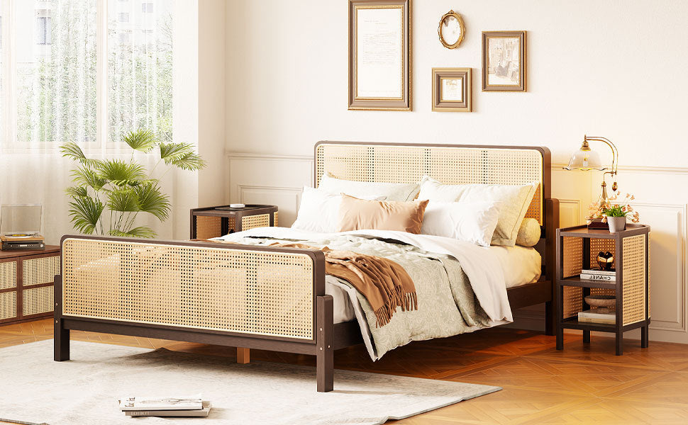 3 Pieces Rattan Platform Full Size Bed With 2 Nightstands,Walnut Walnut Rattan