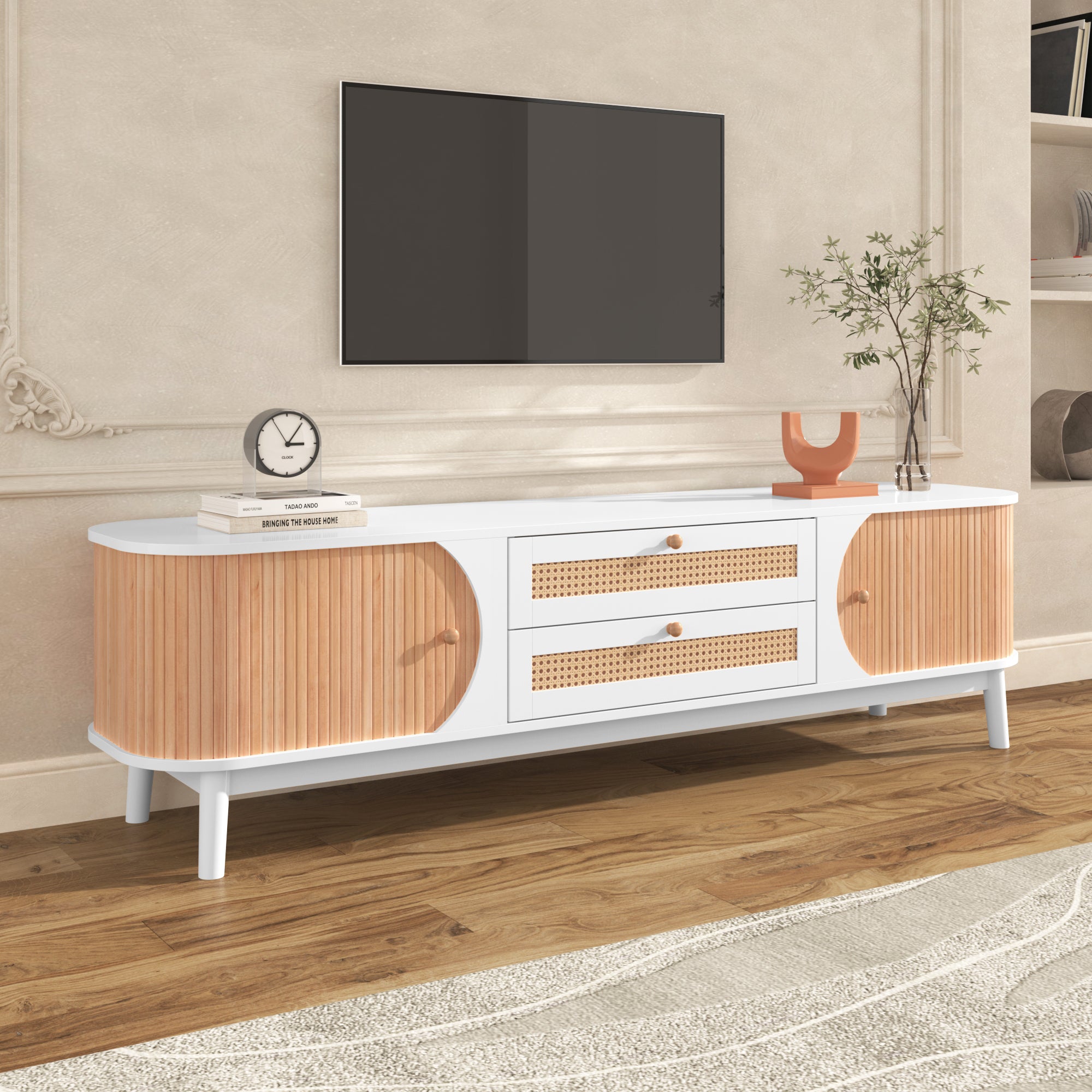 Rattan TV Stand for TVs up to 75'', Modern Farmhouse natural+white-primary living space-60-69