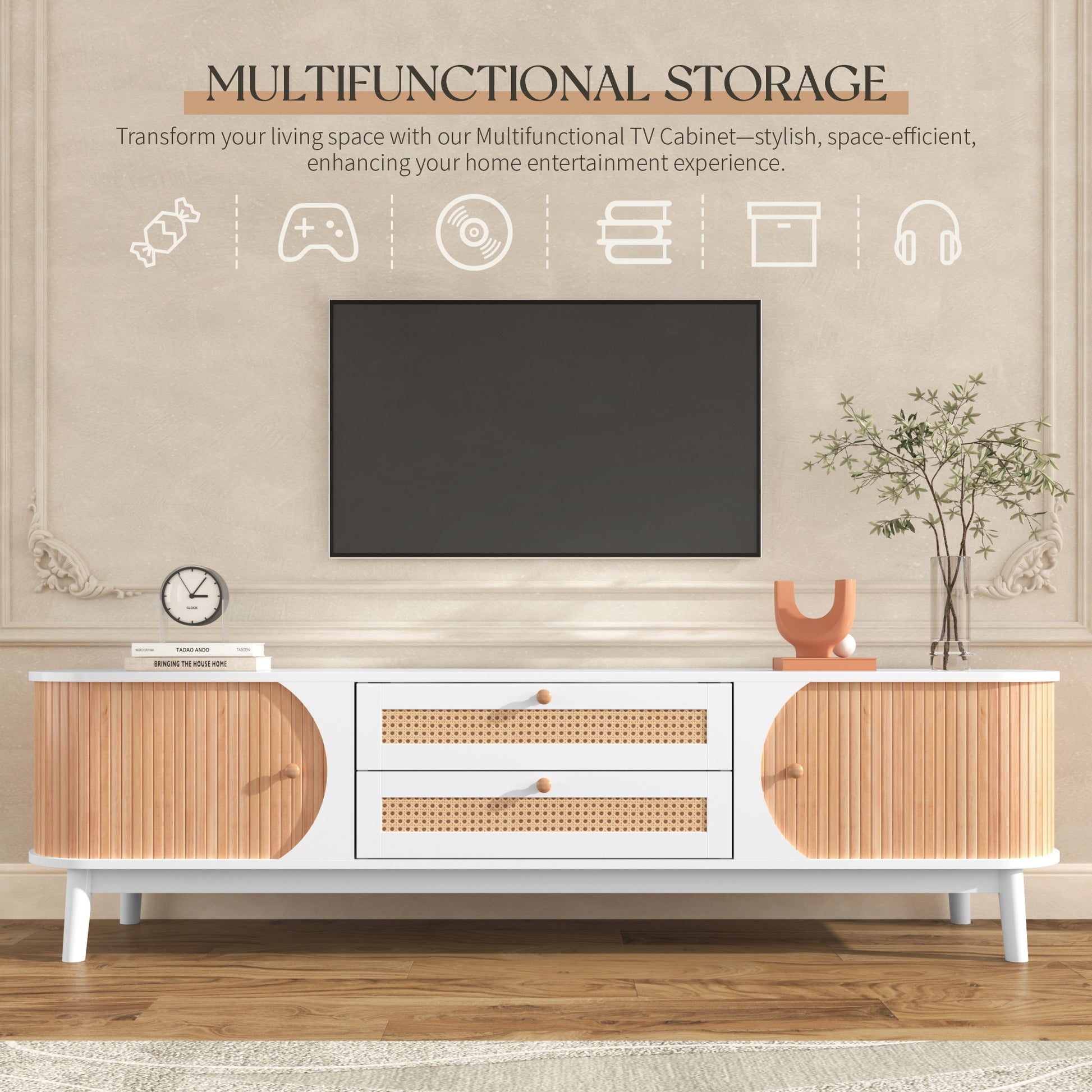 Rattan Tv Stand For Tvs Up To 75'', Modern Farmhouse Media Console, Entertainment Center With Solid Wood Legs, Tv Cabinet For Living Room,Home Theatre Natural White Primary Living Space 60 69 Inches Solid Wood Mdf