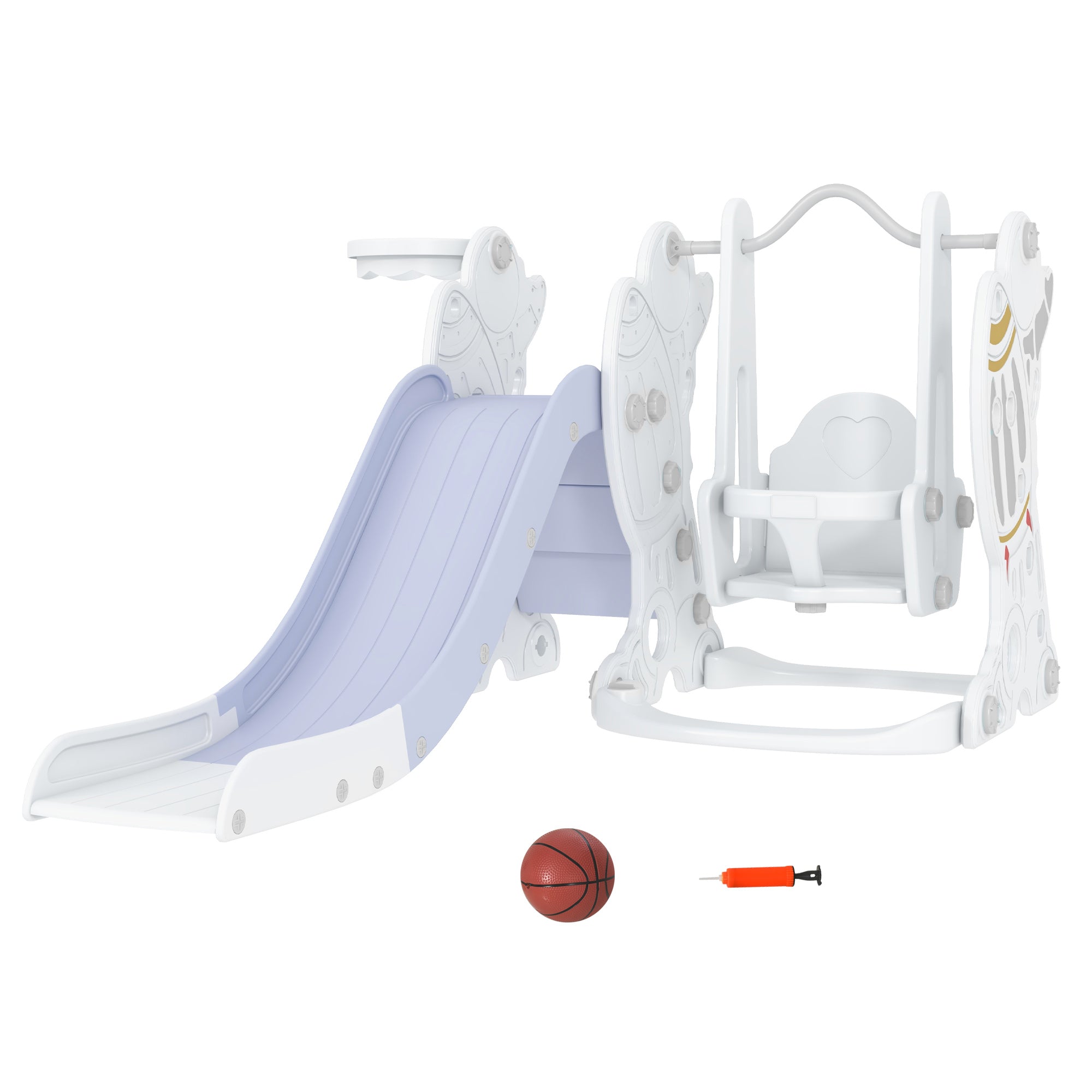 Toddler Swing And Slide Set With Basketball Hoop, Space Theme, Gray Gray Polypropylene