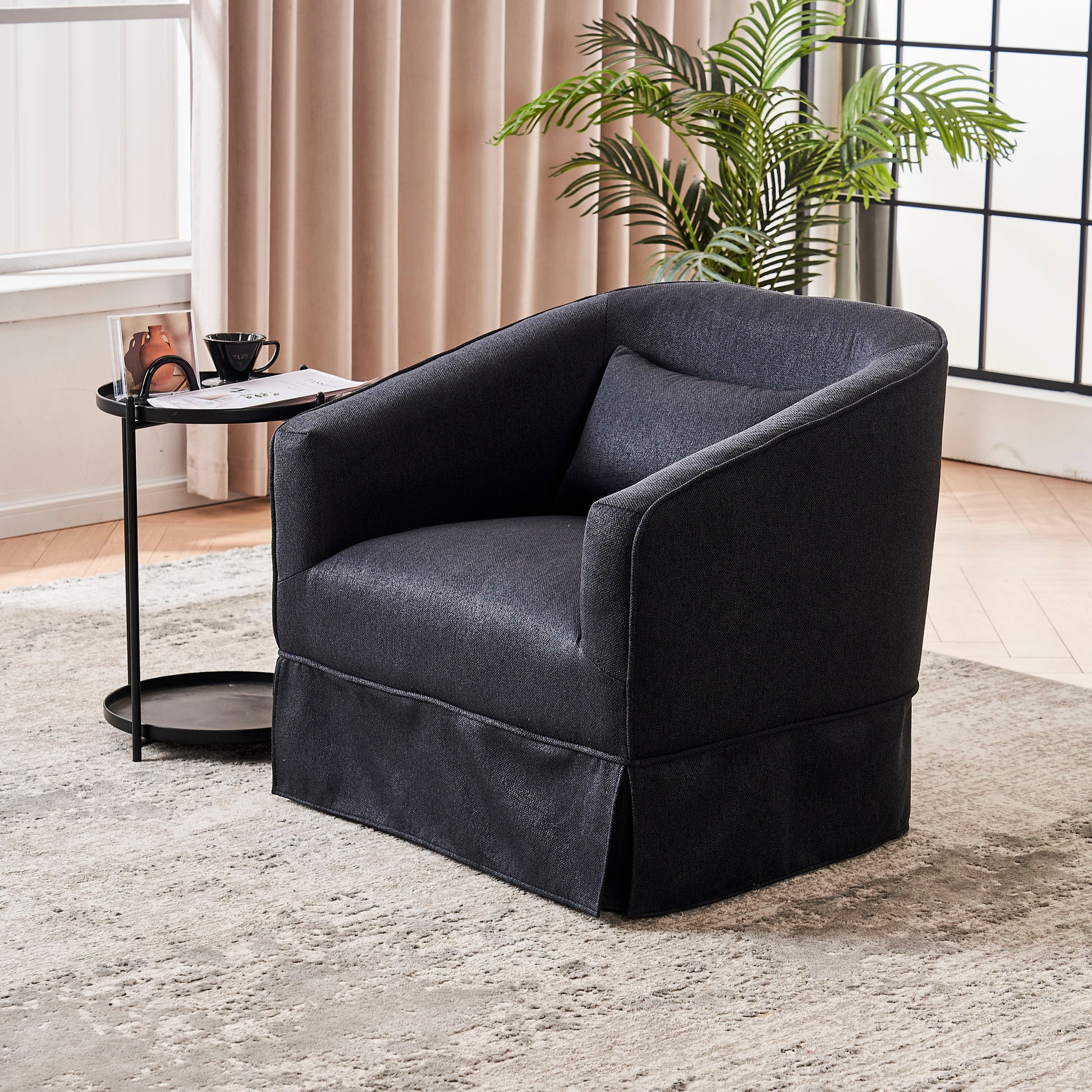 Swivel Barrel Chair With Ottoman, Swivel Accent Chairs Armchair For Living Room, Reading Chairs For Bedroom Comfy, Round Barrel Chairs With Black Metal Base Black Black Primary Living Space Modern Linen
