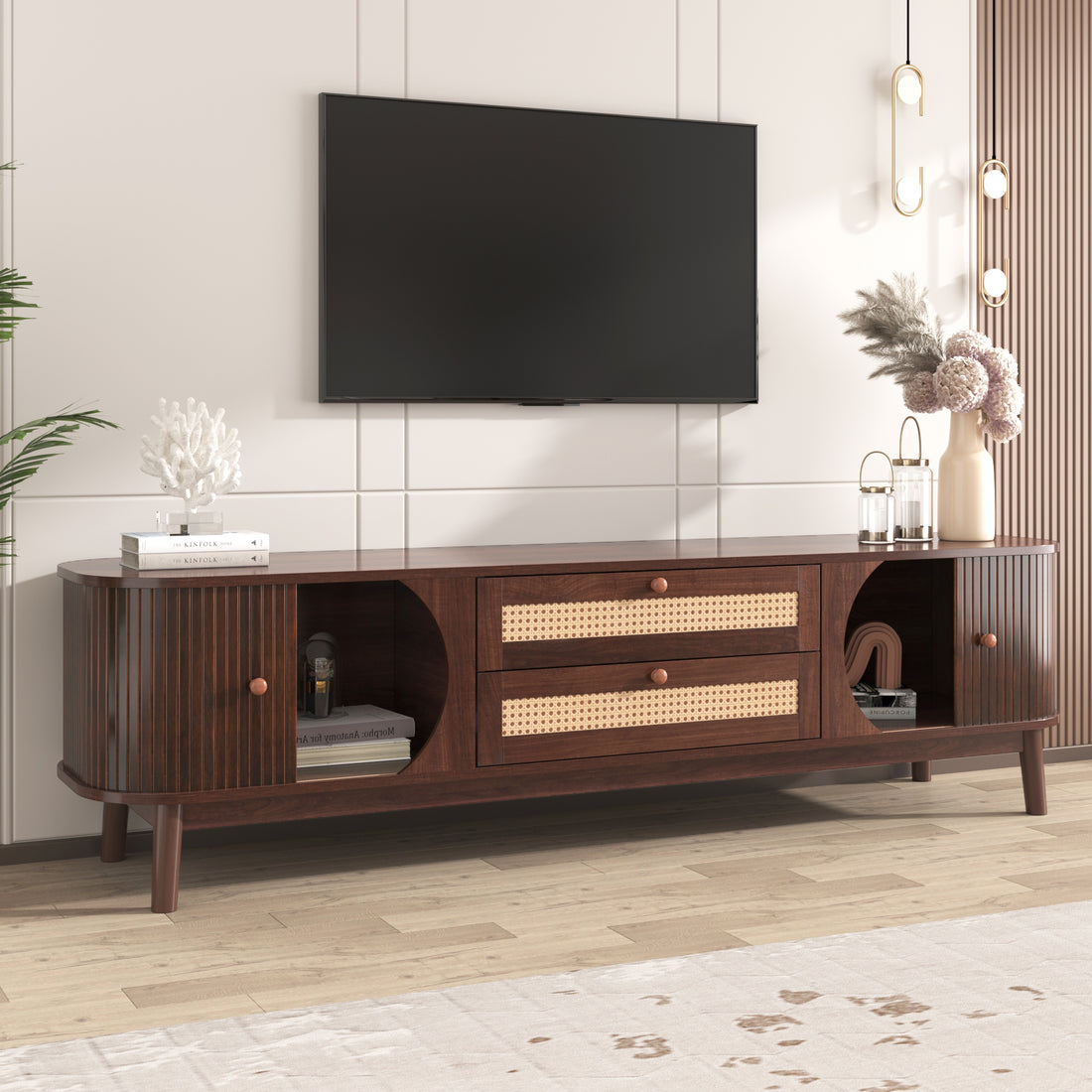 Rattan Tv Stand For Tvs Up To 75'', Modern Farmhouse Media Console, Entertainment Center With Solid Wood Legs, Tv Cabinet For Living Room,Home Theatre Natural Wood Brown Primary Living Space 60 69 Inches Solid Wood Mdf