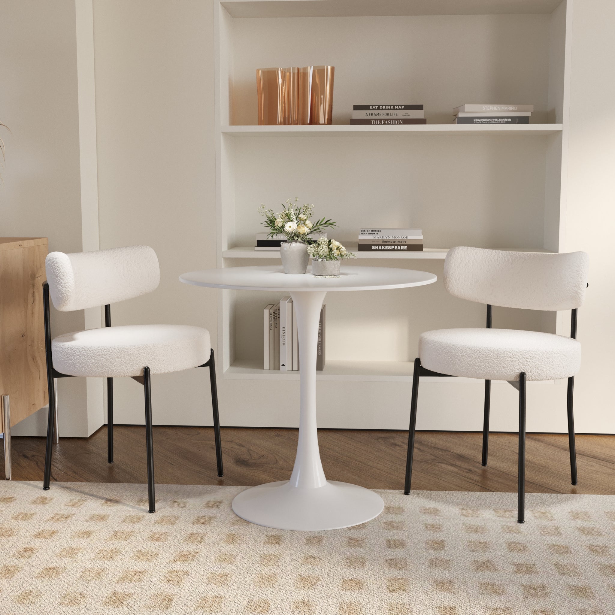 3 Pieces 31.5 Inch Round Dining Table Set For 2 And 2 Pieces Upholstered Chairs For Four Person, Mdf Table Top, Off White Faux Fur With White Table Leg For Kitchen, Reception Room White Mdf Metal