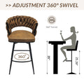 Technical Leather Woven Bar Stool Set Of 4,Black Legs Barstools No Adjustable Kitchen Island Chairs,360 Swivel Bar Stools Upholstered Bar Chair Counter Stool Arm Chairs With Back Footrest, Brown Metal Brown Kitchen Dining Chairs Foam Technical Leather