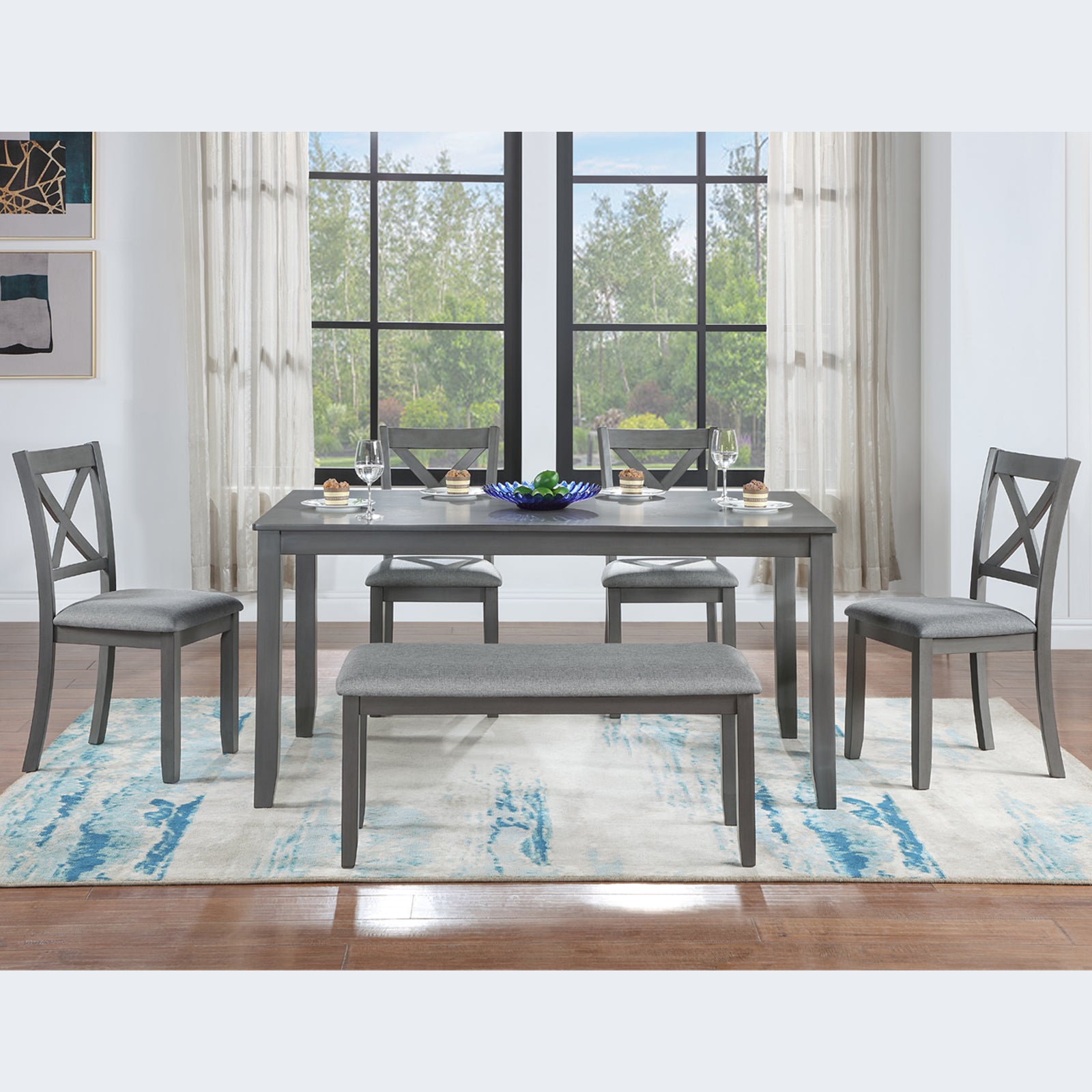 6 Piece Kitchen Dining Set, Rectangular Wooden Dining Table With 4 Upholstered Chairs And A Bench, Dining Table Set For 6 People, Living Room, Home Bar And Kitchen, Gray Wood Gray Seats 6 Wood Dining Room Acacia 4 Leg Rectangular Dining Table With Chair