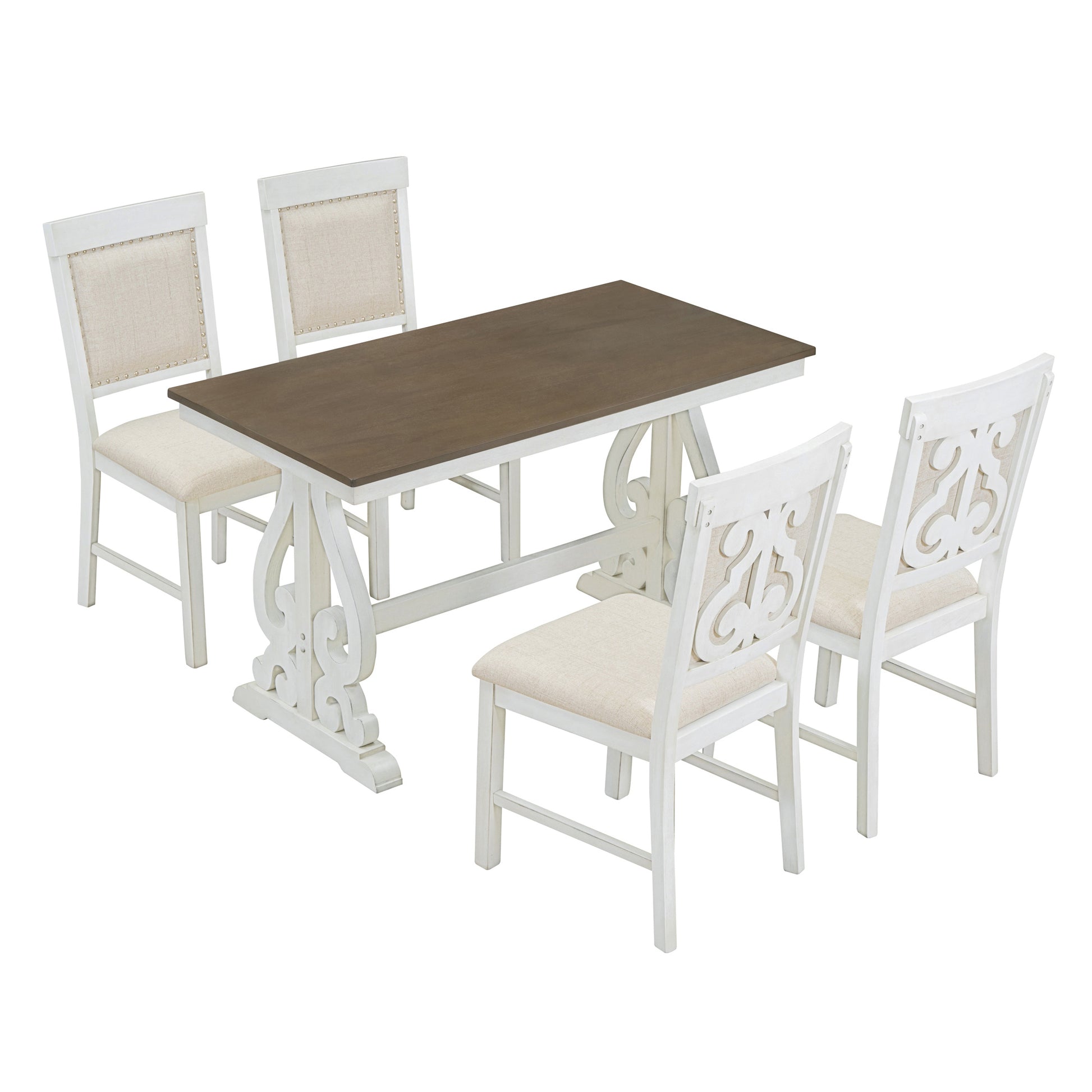 5 Piece Retro Dining Set, Rectangular Wooden Dining Table And 4 Upholstered Chairs For Dining Room And Kitchen Brown White Brown White Solid Wood Mdf