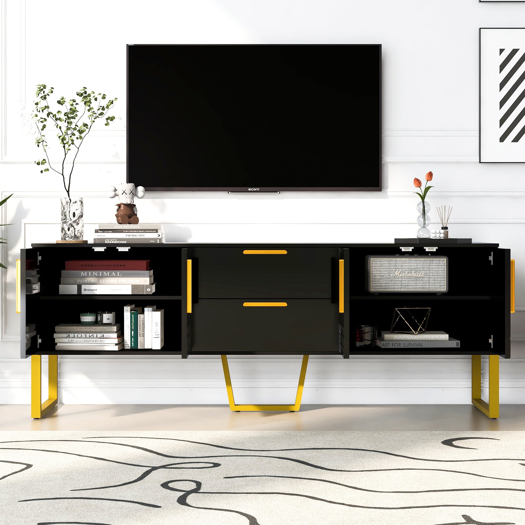 U Can Modern TV Stand for TVs up to 75 Inches, Storage black-mdf