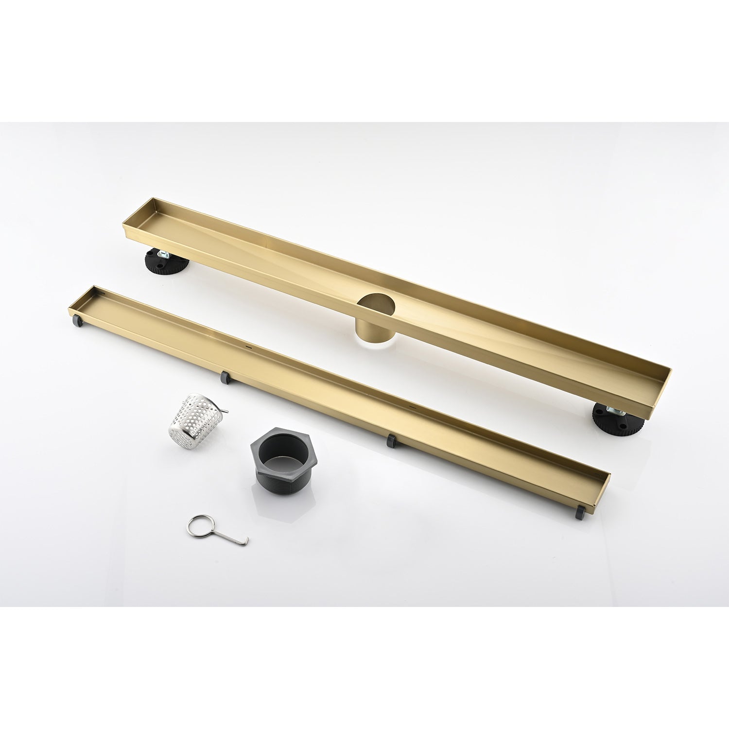 24 Inches Linear Shower Drain, Included Hair Strainer And Leveling Feet Brushed Gold Stainless Steel