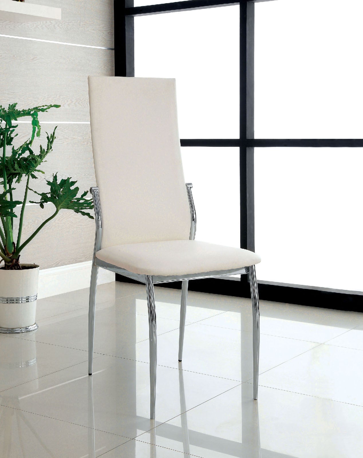 White Color Leatherette 2pcs Dining Chairs Chrome Legs white-dining room-contemporary-modern-side