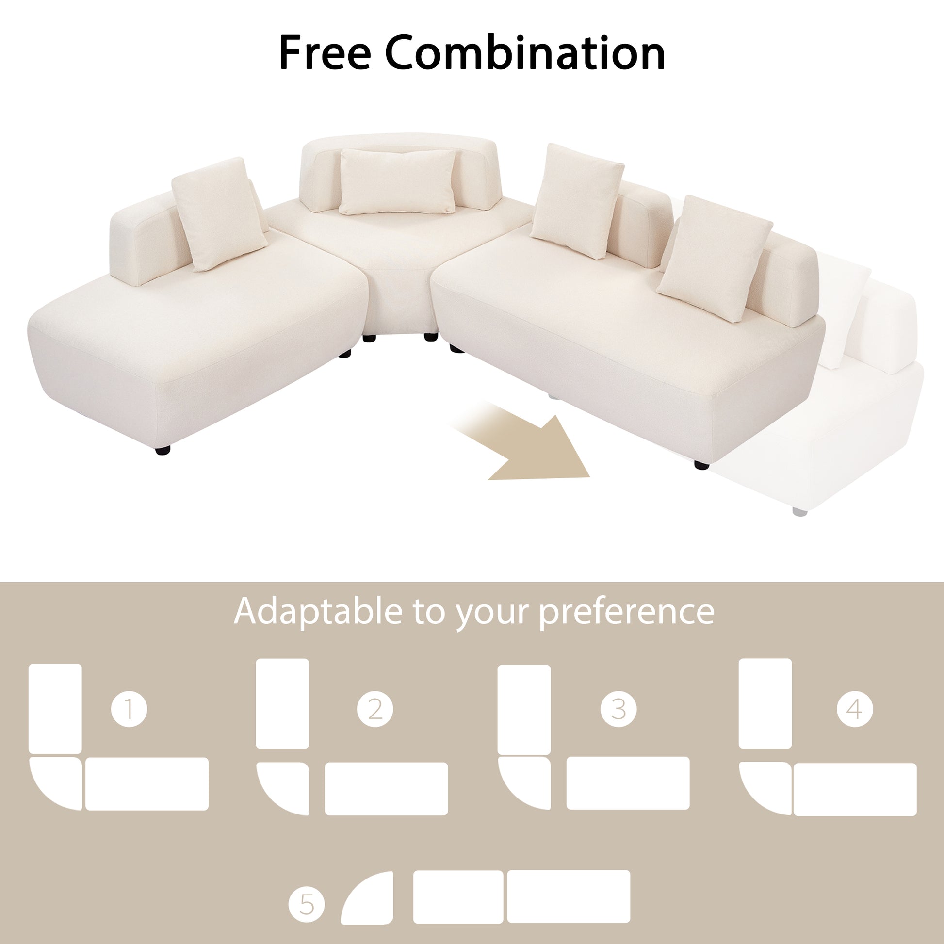 Contemporary 3 Piece Sectional Sofa Free Convertible Sofa With Four Removable Pillows For Living Room, Beige Beige Foam Boucle