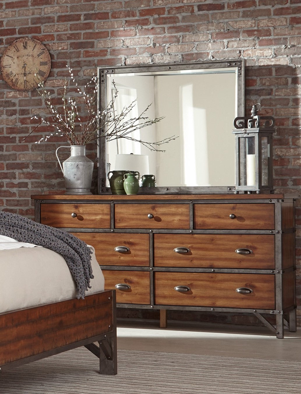 Industrial Design Bedroom Furniture 1Pc Dresser Of 7 Drawers Rustic Brown And Gunmetal Finish Wooden Furniture Rustic Brown Bedroom Industrial Wood