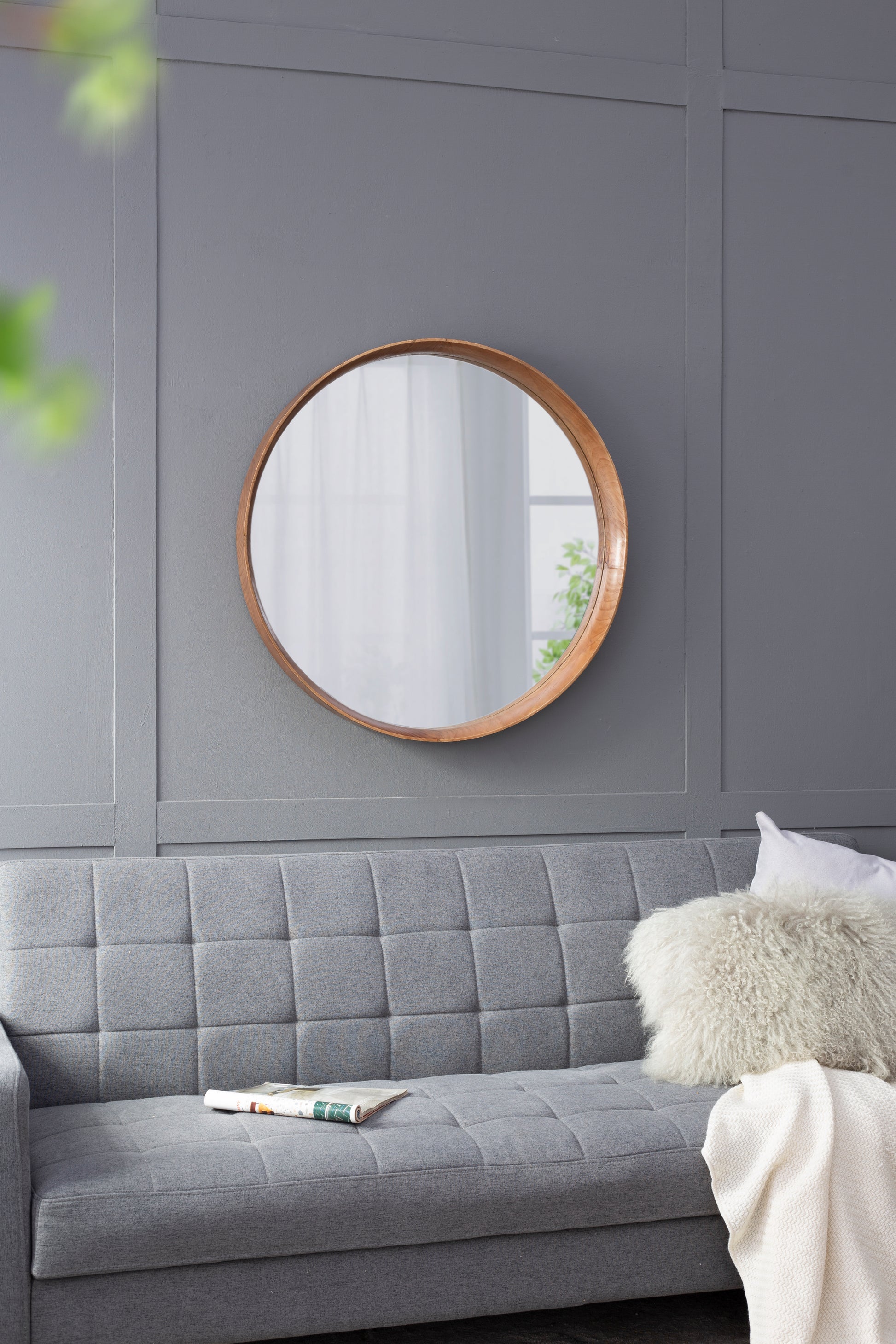 31.5" Round Pine Wood Mirror, Wall Mounted Mirror Home Decor For Bathroom Living Room Brown Pine