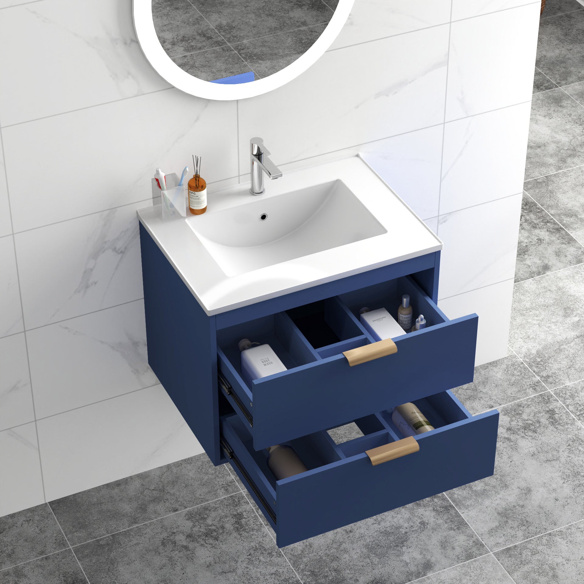 24" floating wall mounted bathroom vanity with white blue-wall mounted-ceramic+mdf