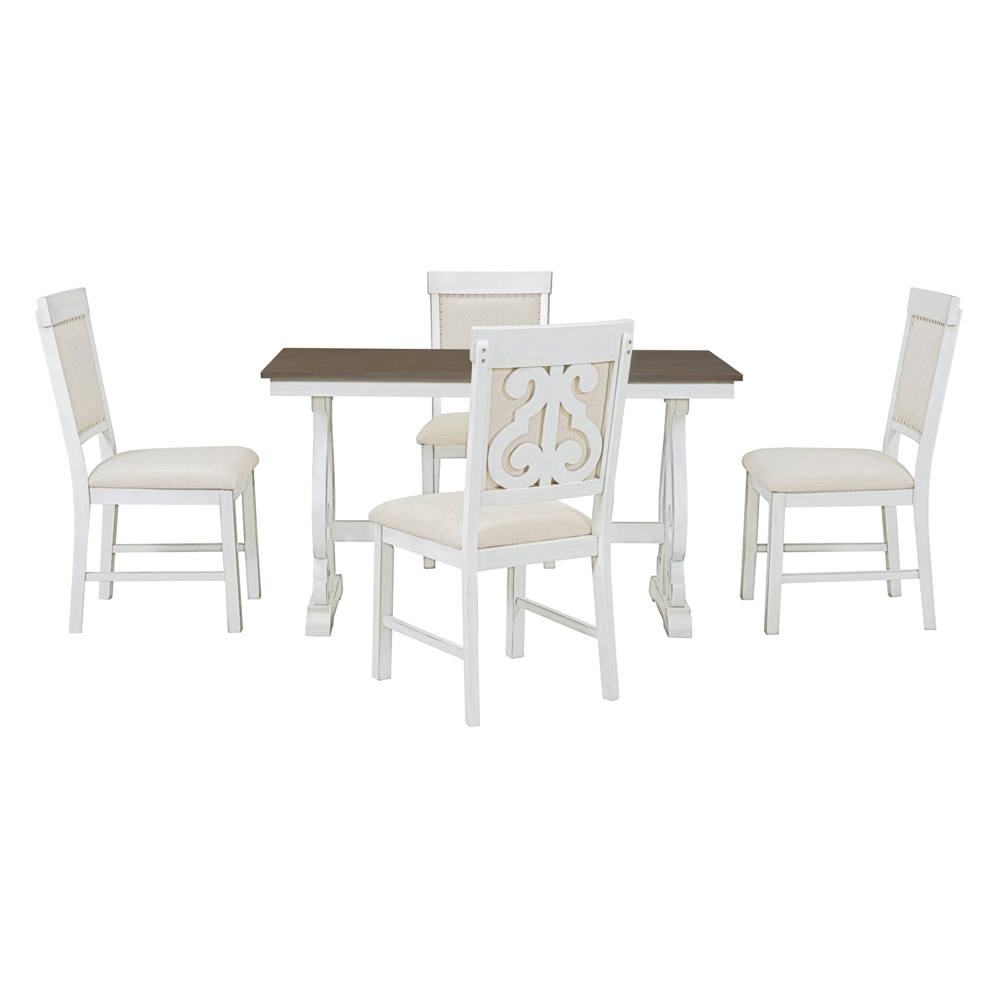 5 Piece Retro Dining Set, Rectangular Wooden Dining Table And 4 Upholstered Chairs For Dining Room And Kitchen Brown White Brown White Solid Wood Mdf